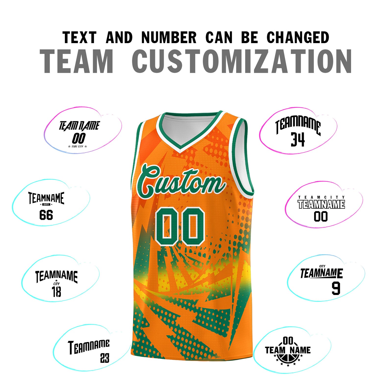 Custom Youth Basketball Jerseys Orange Kelly Green Lightning Design Halftone Personalized Uniforms