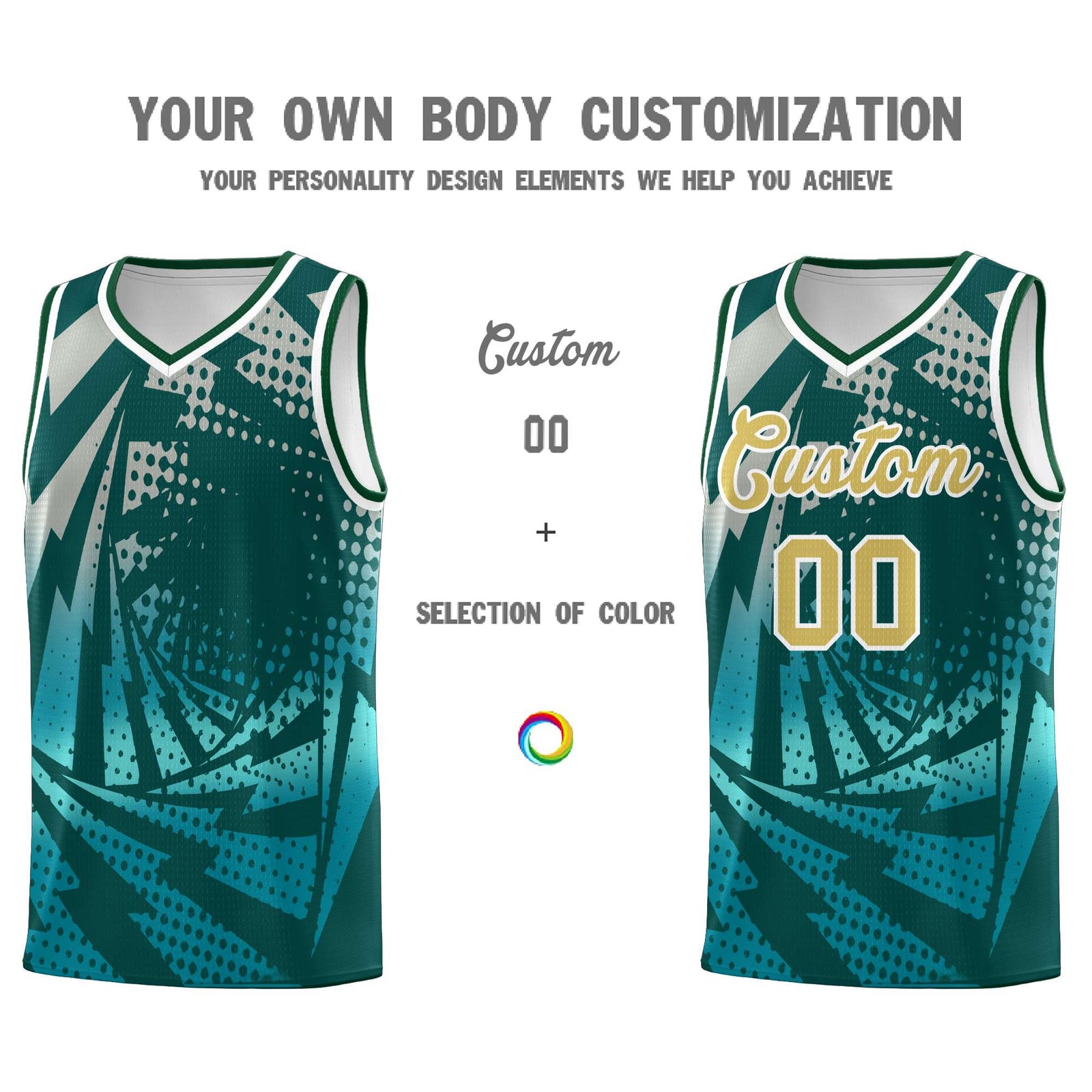 Custom Youth Basketball Jerseys Midnight Green Teal Lightning Halftone Personalized Team Uniforms