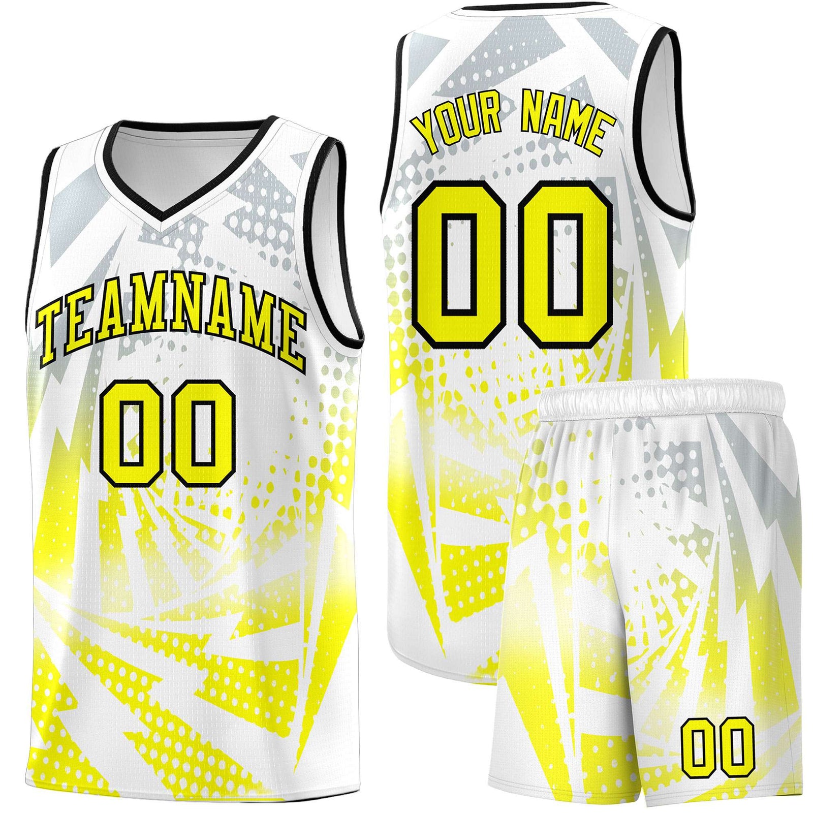 Custom Youth Basketball Jerseys White Fluorescent Yellow Lightning Halftone Personalized Team Uniforms