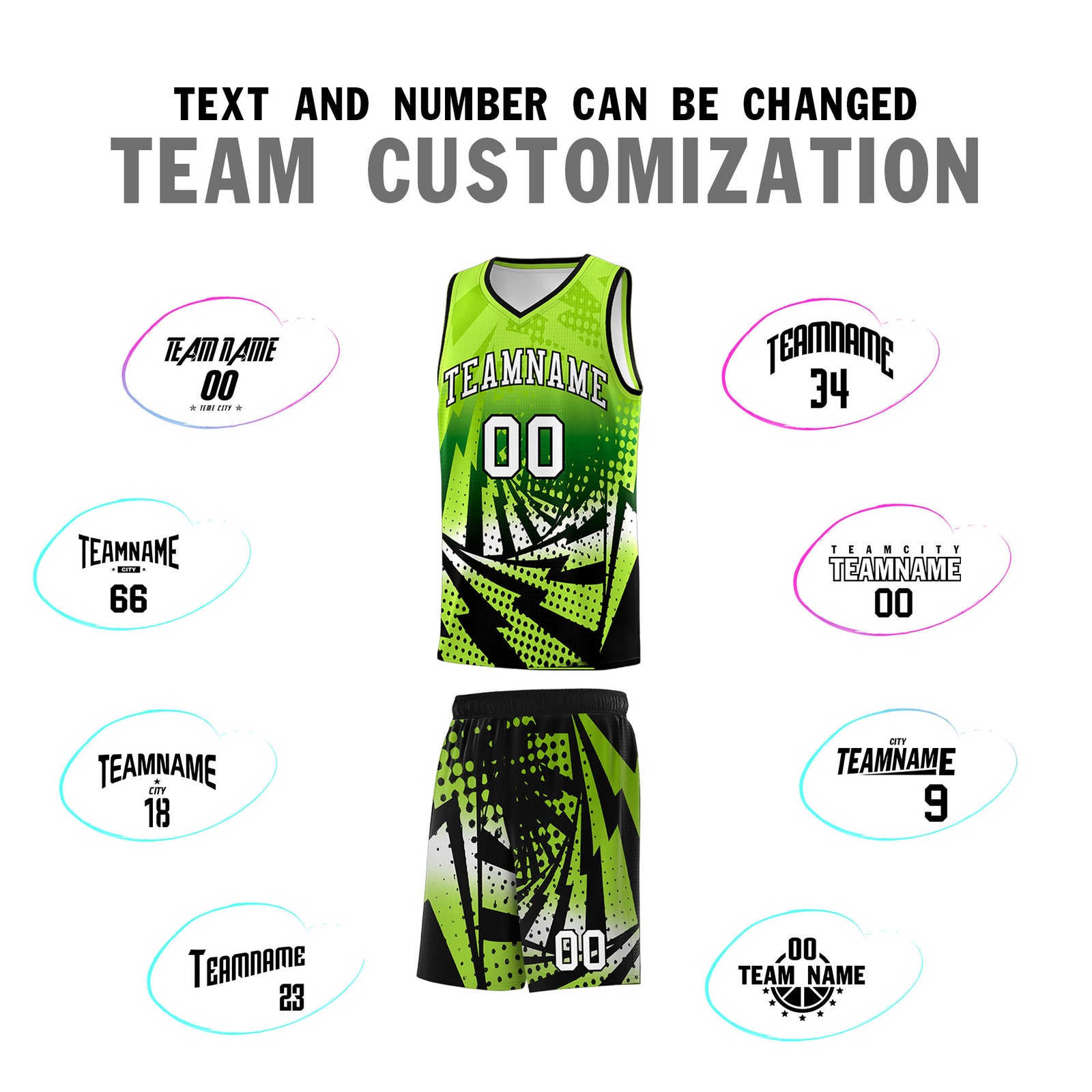Custom Youth Basketball Jerseys Neon Green Black Lightning Halftone Personalized Team Uniforms