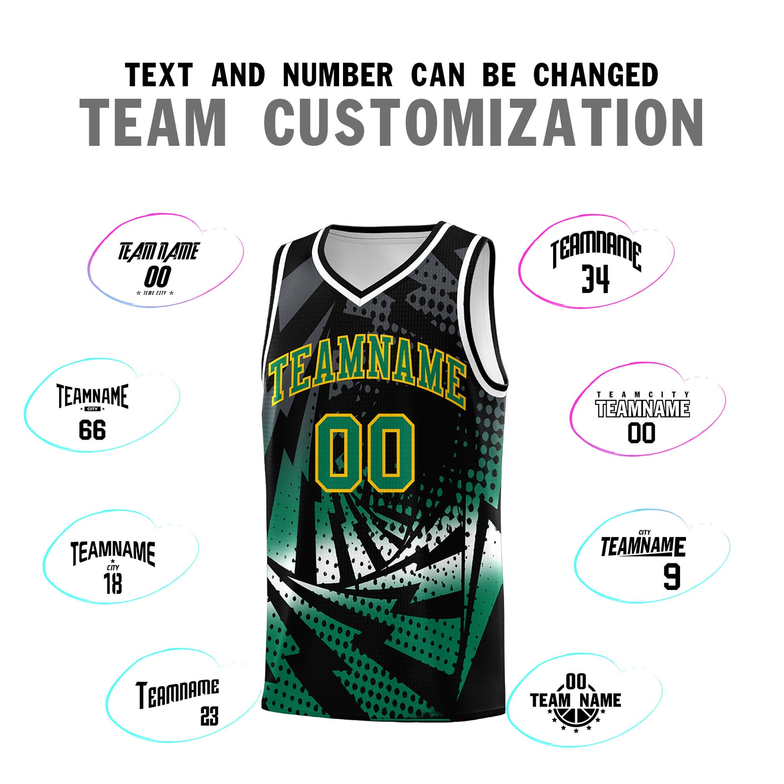 Custom Youth Basketball Jerseys Black Kelly Green Lightning Design Halftone Personalized Uniforms