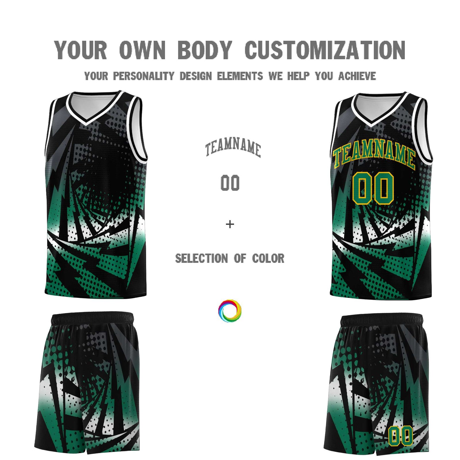 Custom Youth Basketball Jerseys Black Kelly Green Lightning Design Halftone Personalized Uniforms
