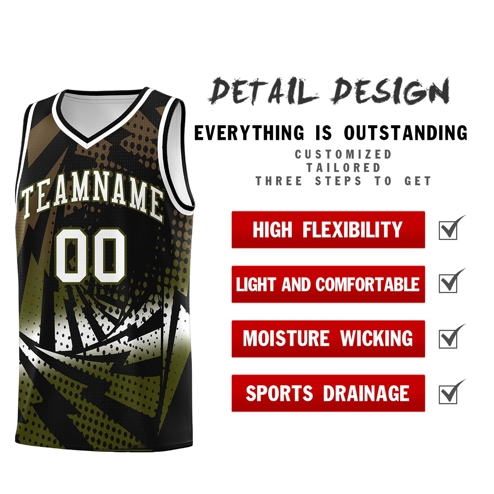 Custom Youth Basketball Jerseys Black Olive Lightning Design Halftone Personalized Uniforms