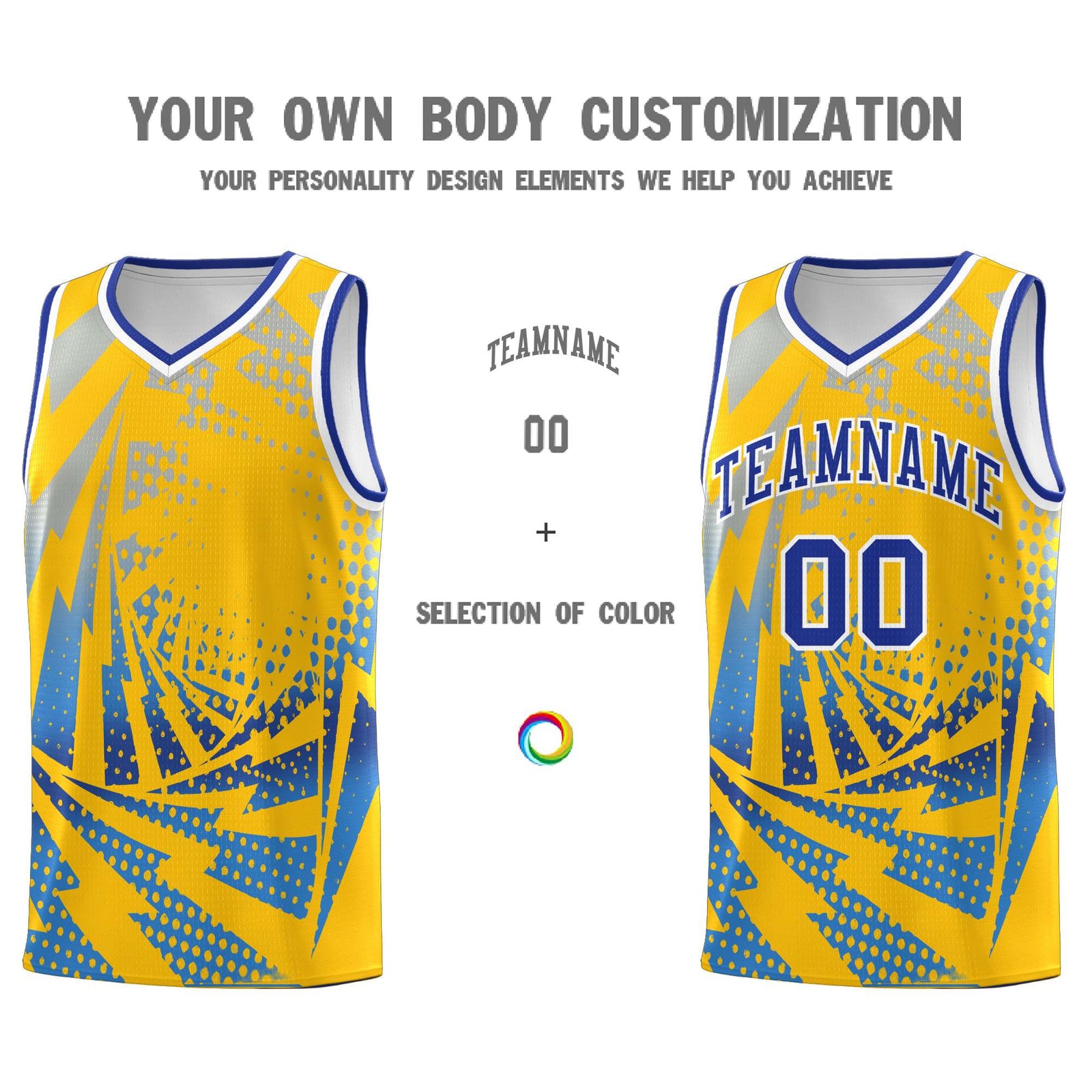 Custom Youth Basketball Jerseys Gold Powder Blue Lightning Halftone Personalized Team Uniforms