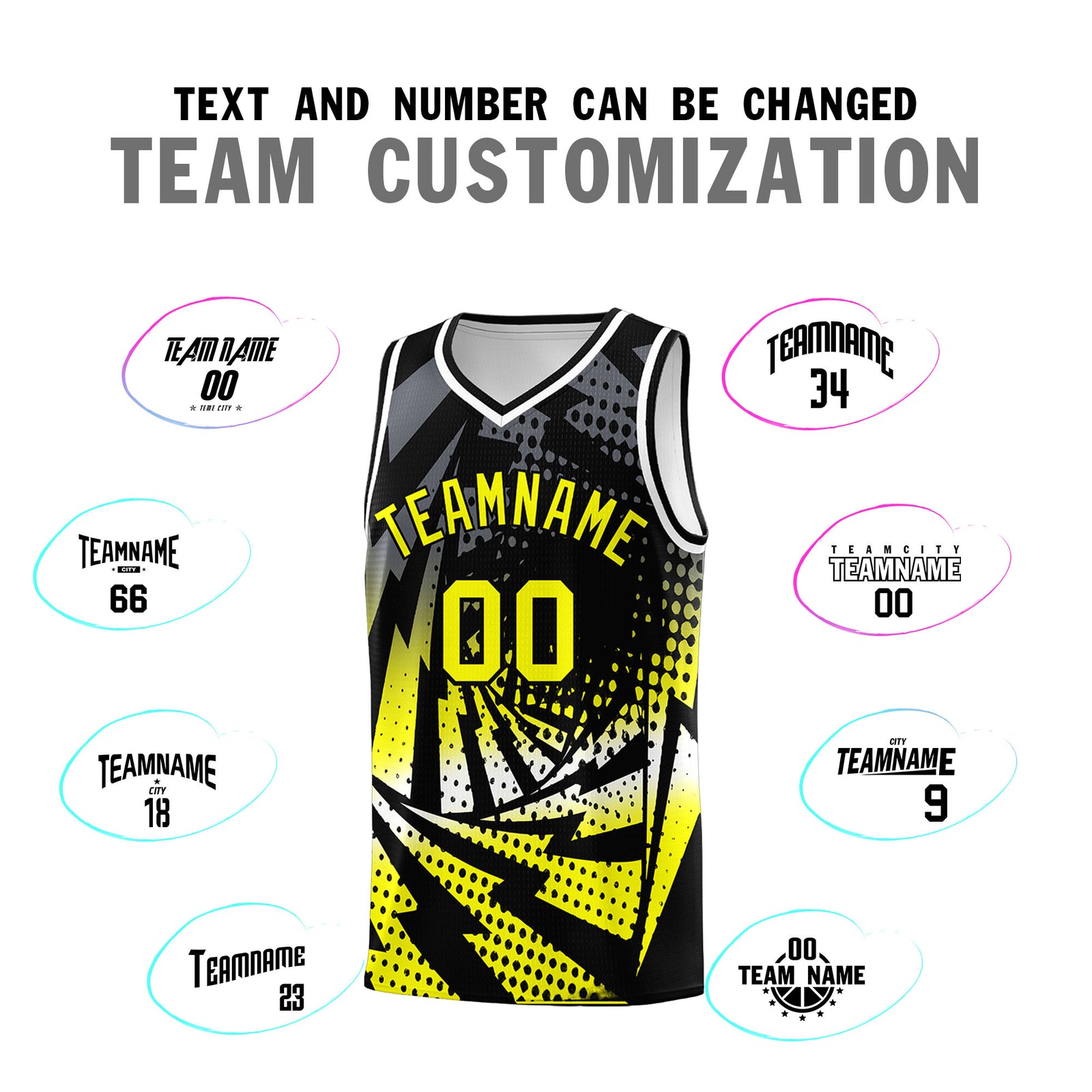 Custom Youth Basketball Jerseys Black Fluorescent Yellow Lightning Design Halftone Personalized Uniforms