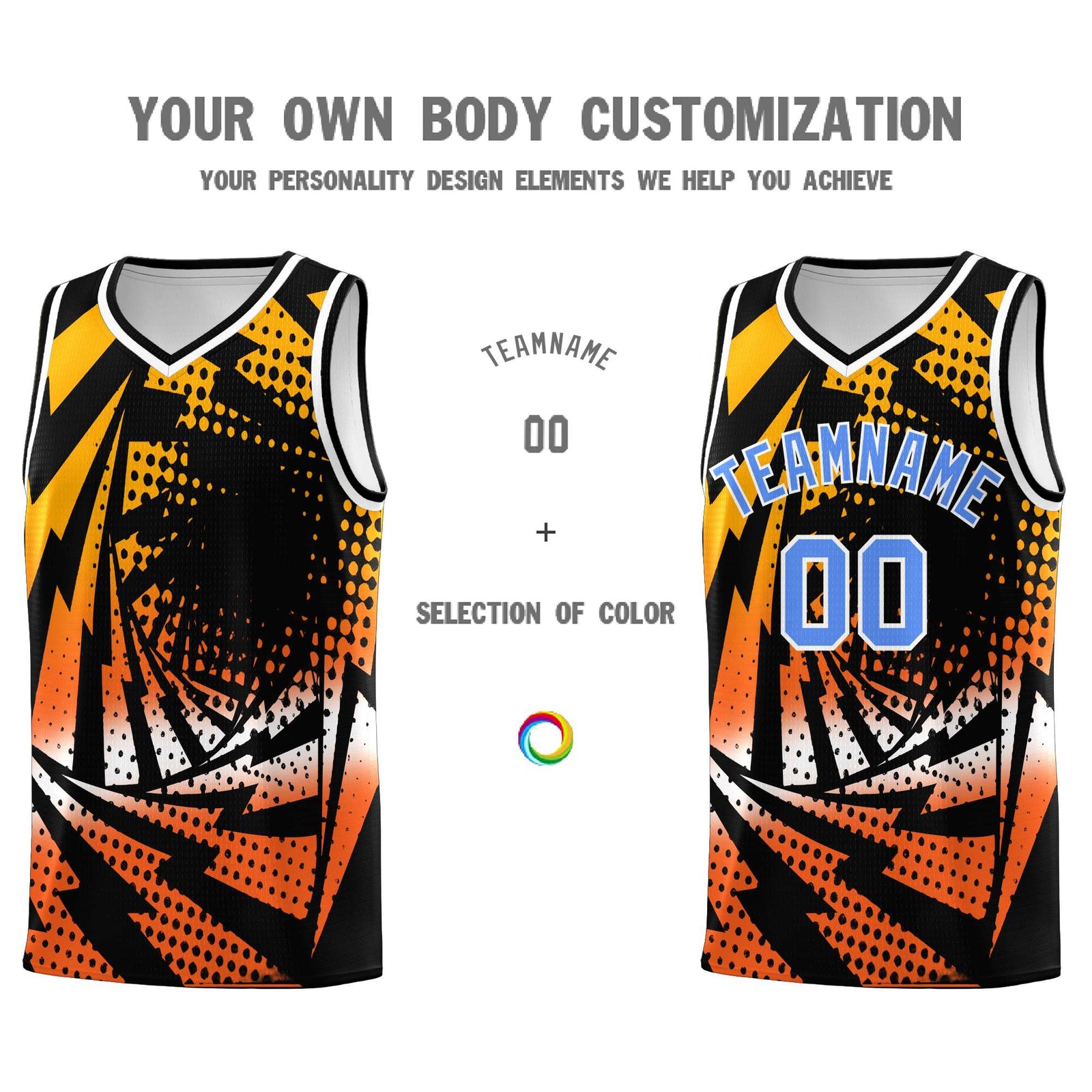 Custom Youth Basketball Jerseys Black Orange Lightning Design Halftone Personalized Uniforms