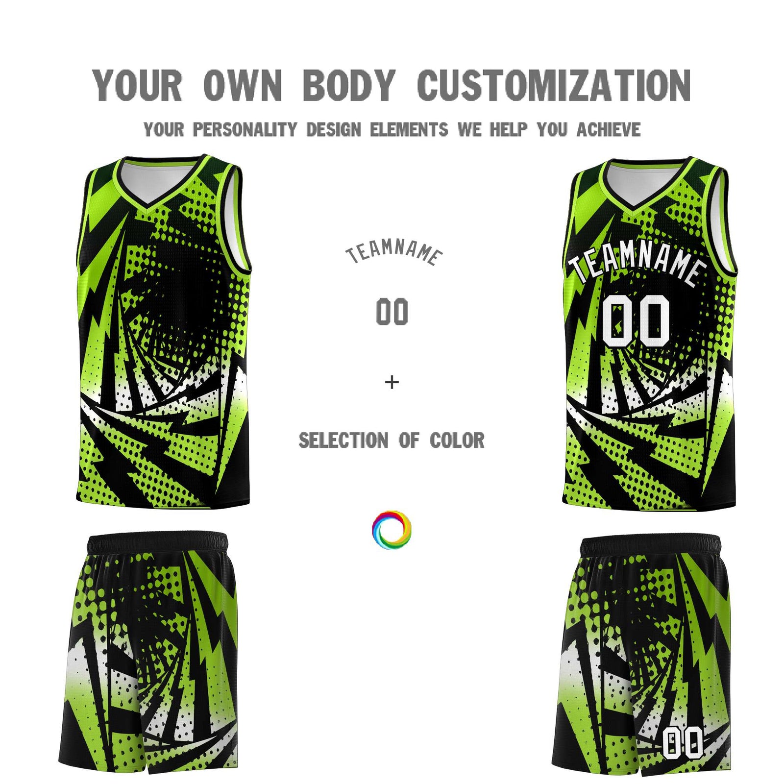 Custom Youth Basketball Jerseys Neon Green Black Lightning Halftone Personalized Team Uniforms