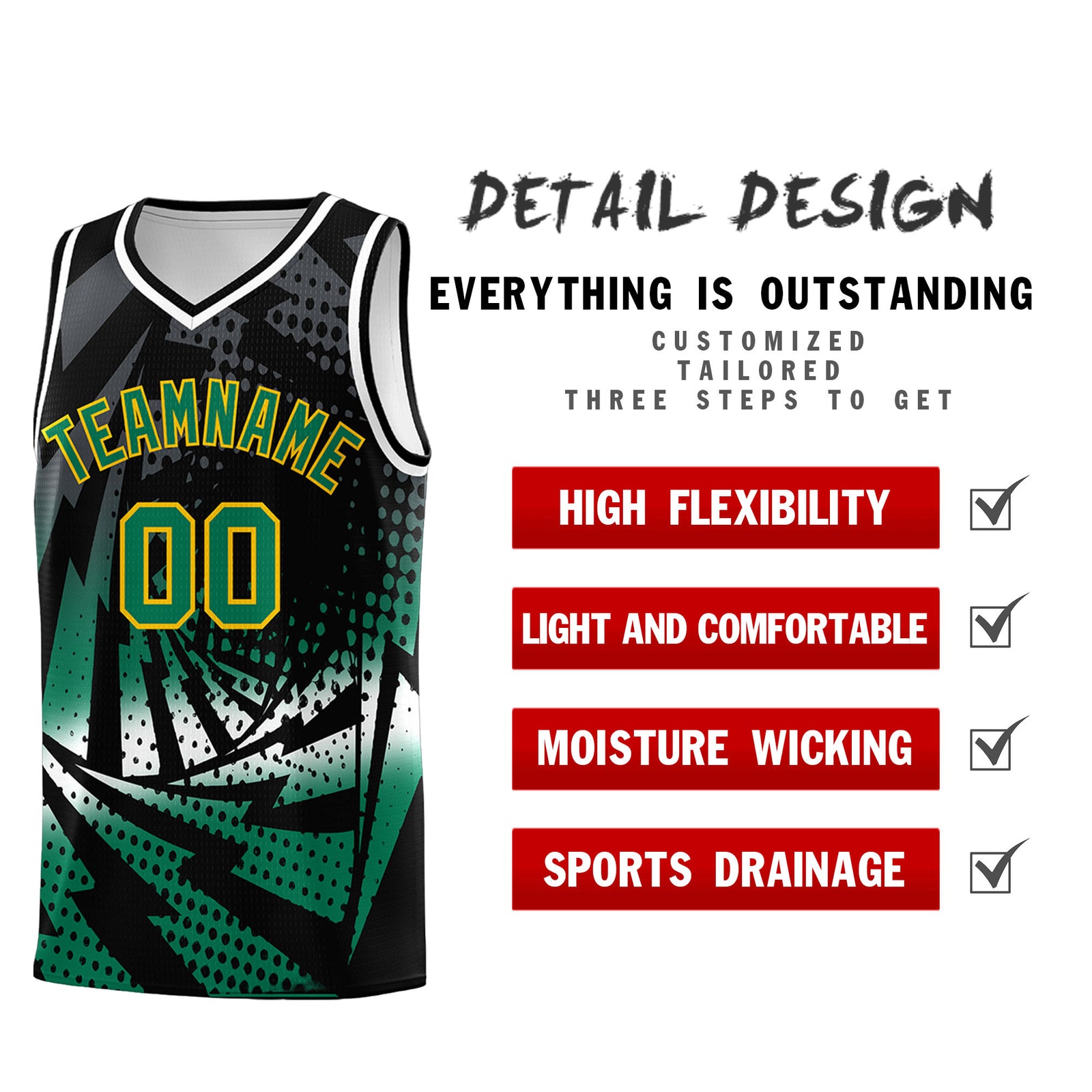 Custom Youth Basketball Jerseys Black Kelly Green Lightning Design Halftone Personalized Uniforms