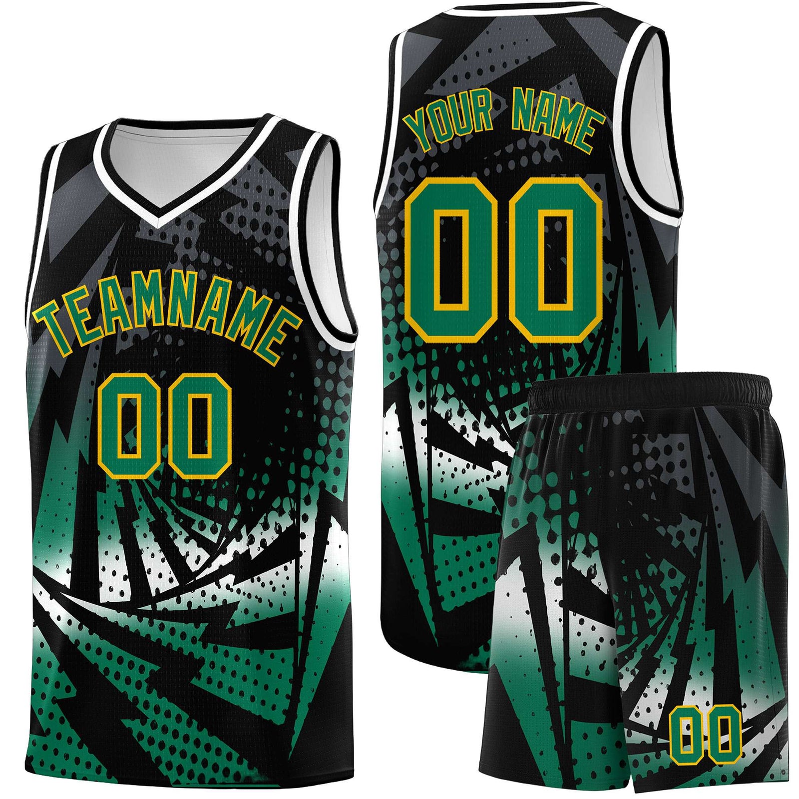 Custom Youth Basketball Jerseys Black Kelly Green Lightning Design Halftone Personalized Uniforms