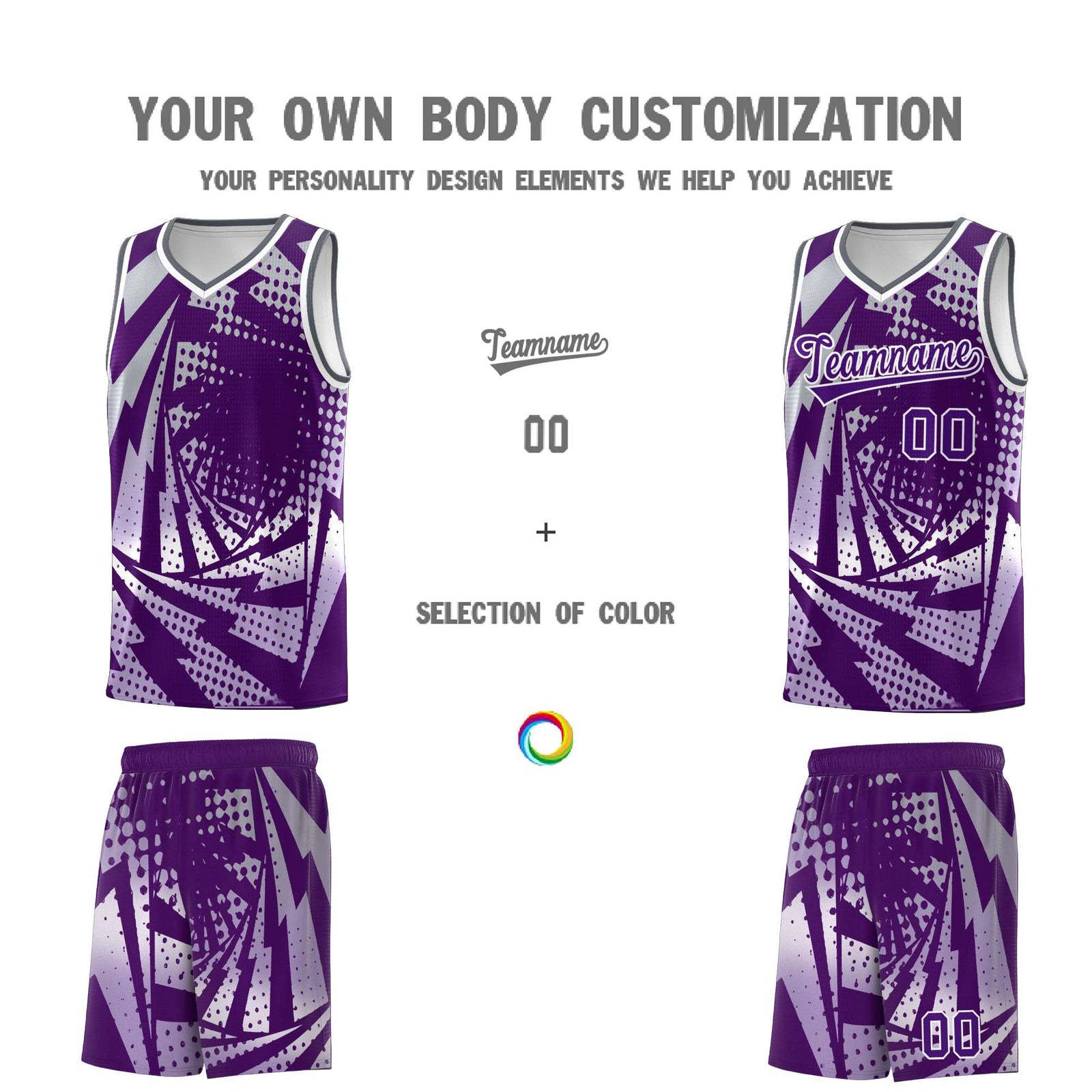 Custom Youth Basketball Jerseys Silver Gray Purple Lightning Design Halftone Personalized Uniforms