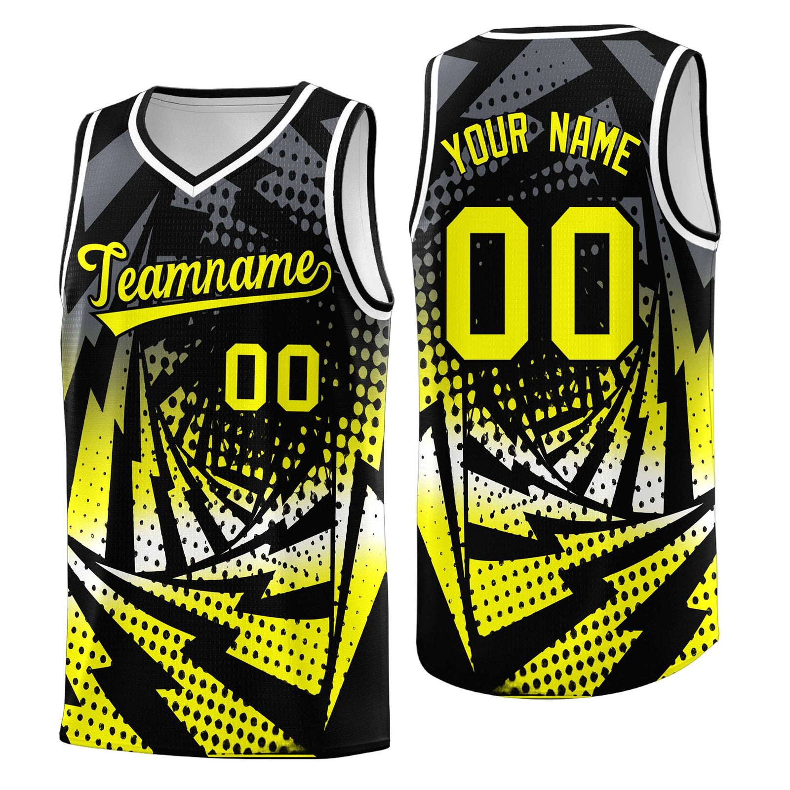Custom Youth Basketball Jerseys Black Fluorescent Yellow Lightning Design Halftone Personalized Uniforms