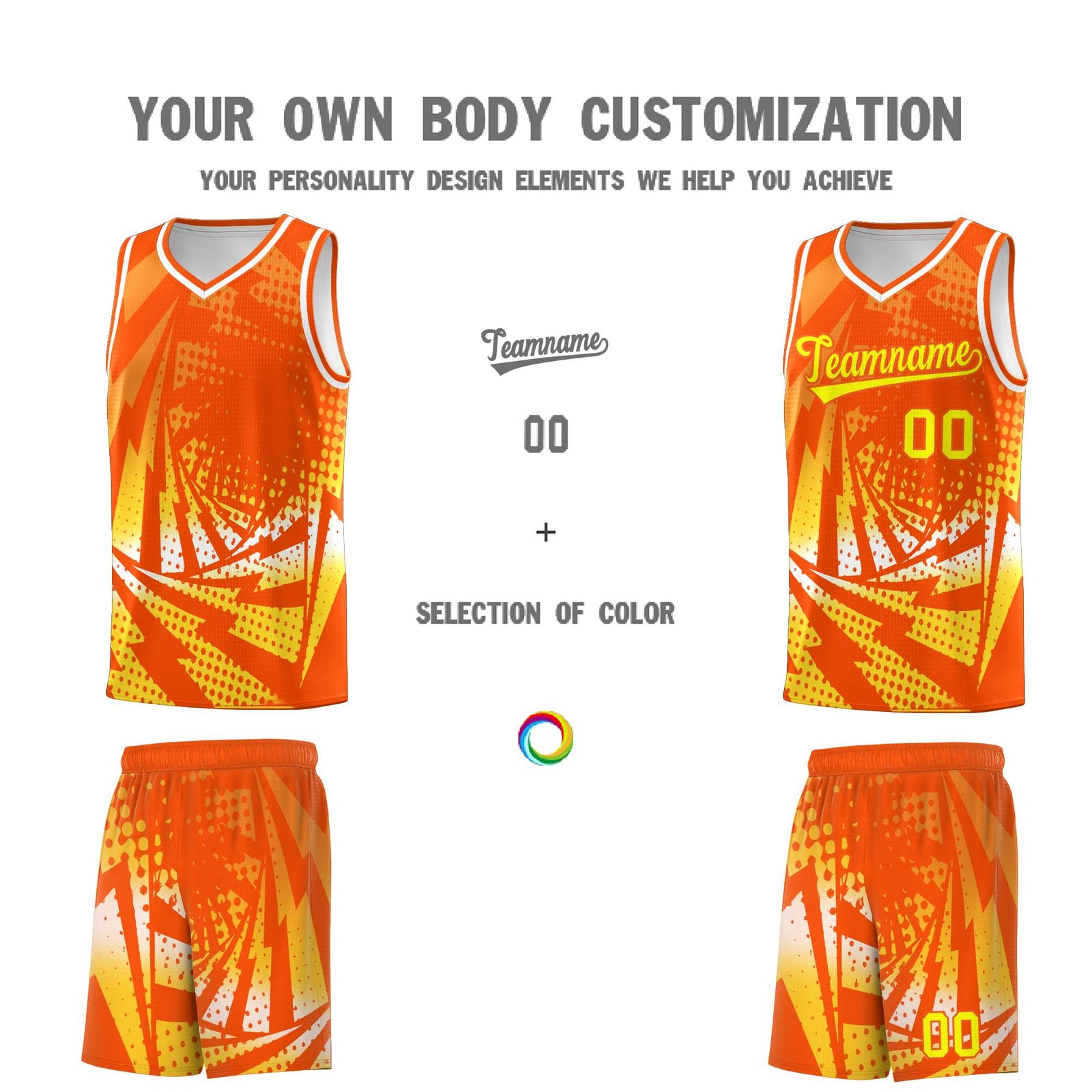Custom Youth Basketball Jerseys Orange Gold Lightning Halftone Personalized Team Uniforms