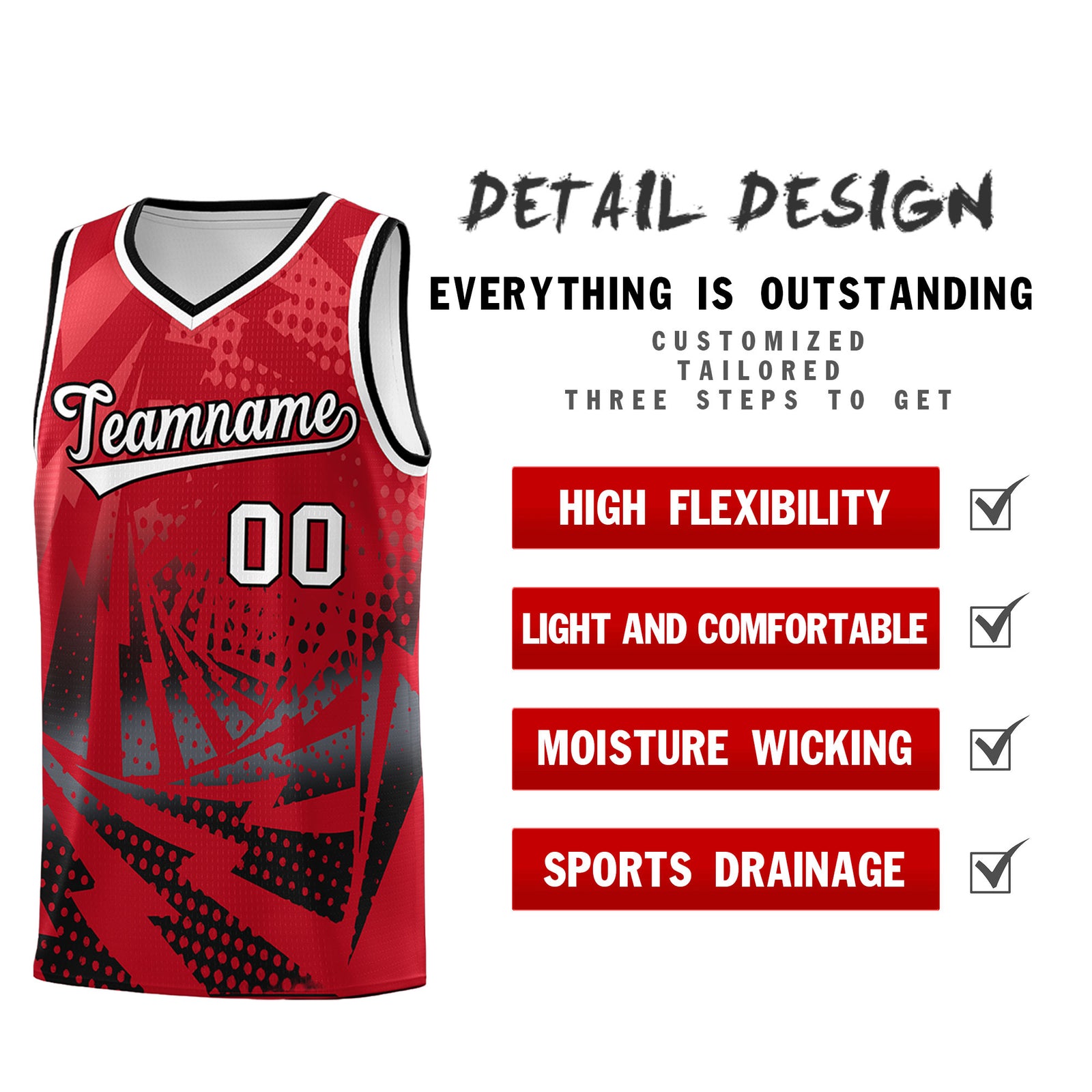 Custom Youth Basketball Jerseys Red Black Lightning Halftone Personalized Team Uniforms