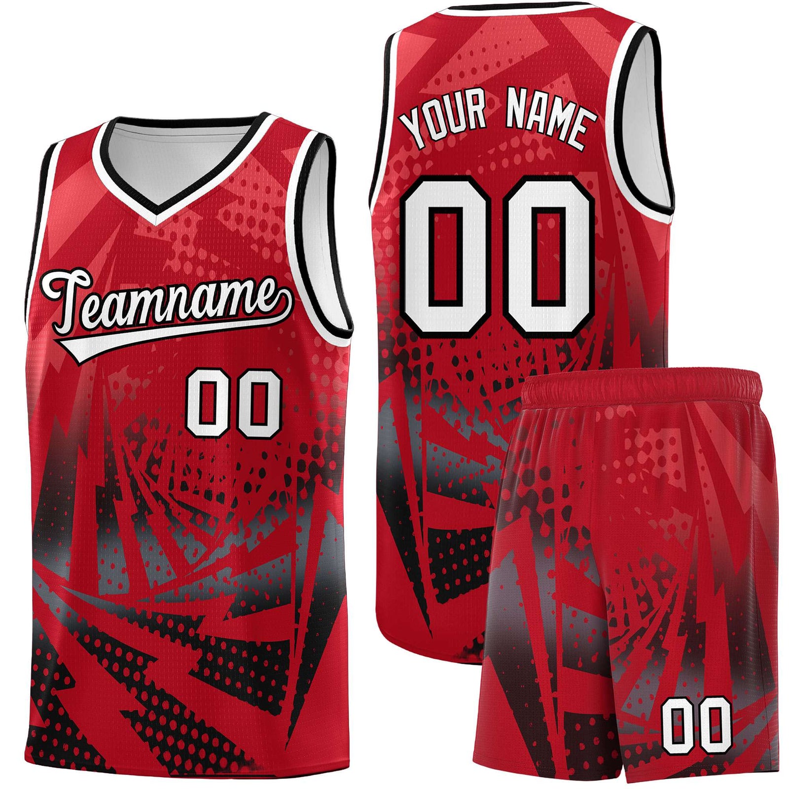 Custom Youth Basketball Jerseys Red Black Lightning Halftone Personalized Team Uniforms