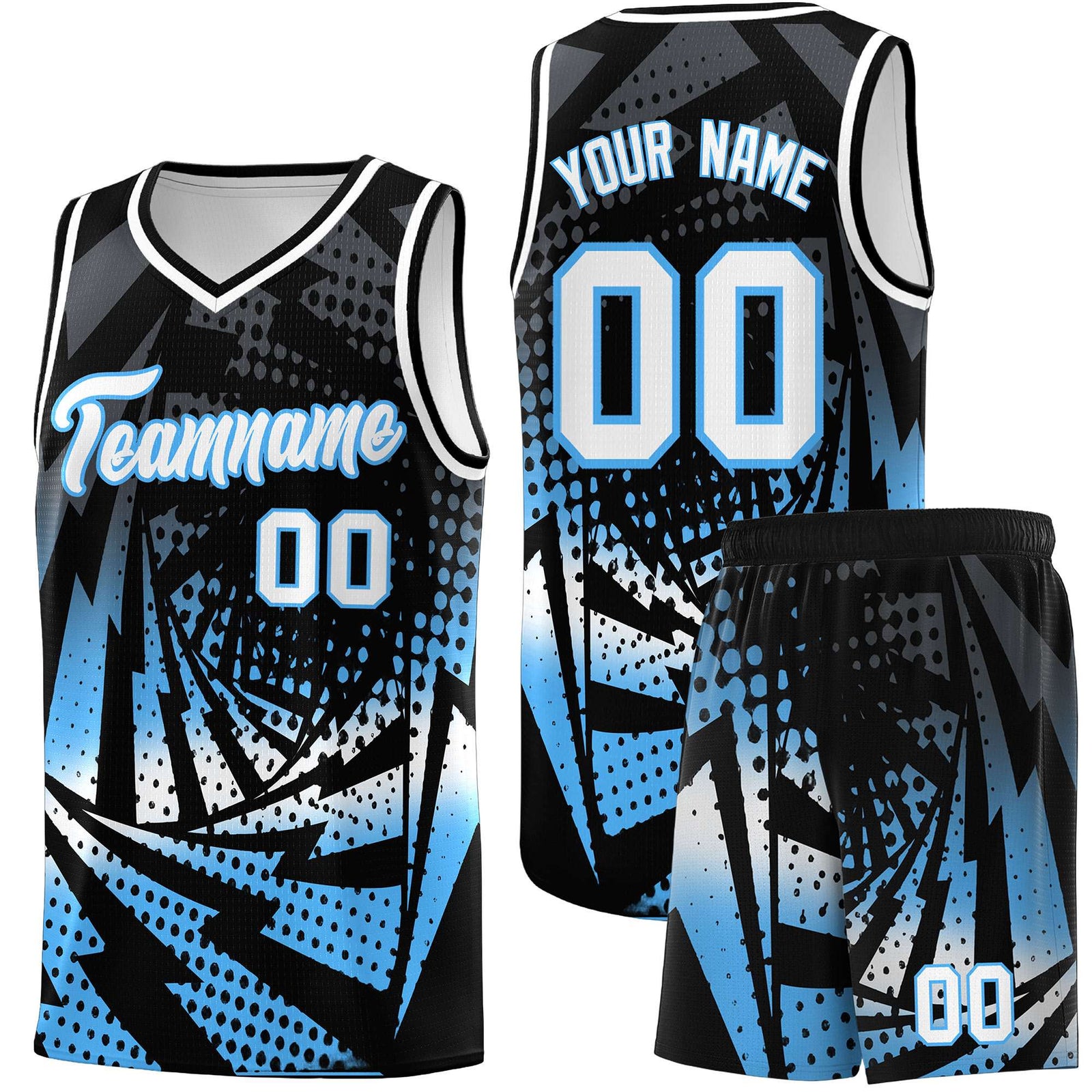 Custom Youth Basketball Jerseys Black Powder Blue Lightning Design Halftone Personalized Uniforms