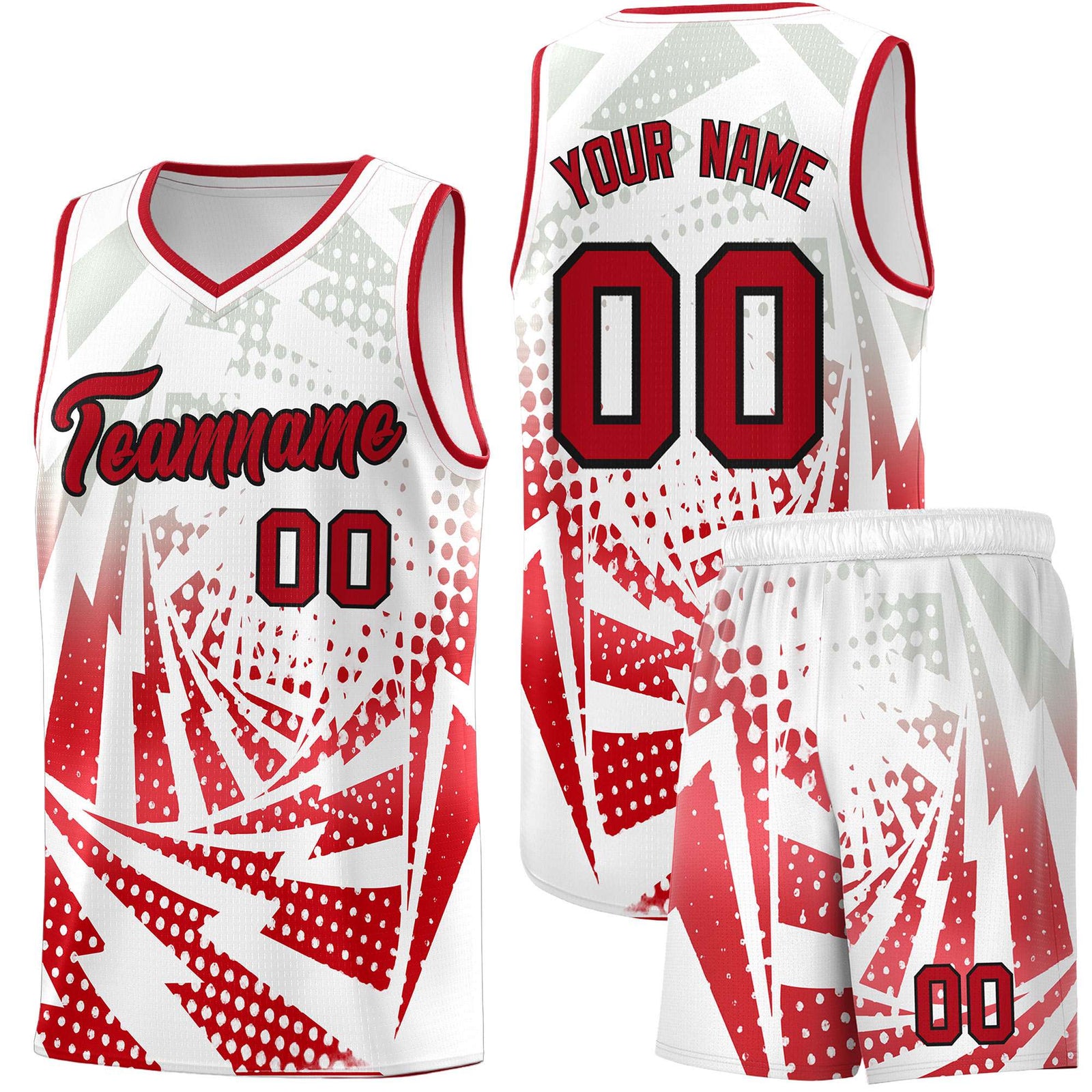 Custom Youth Basketball Jerseys White Red Lightning Halftone Personalized Team Uniforms