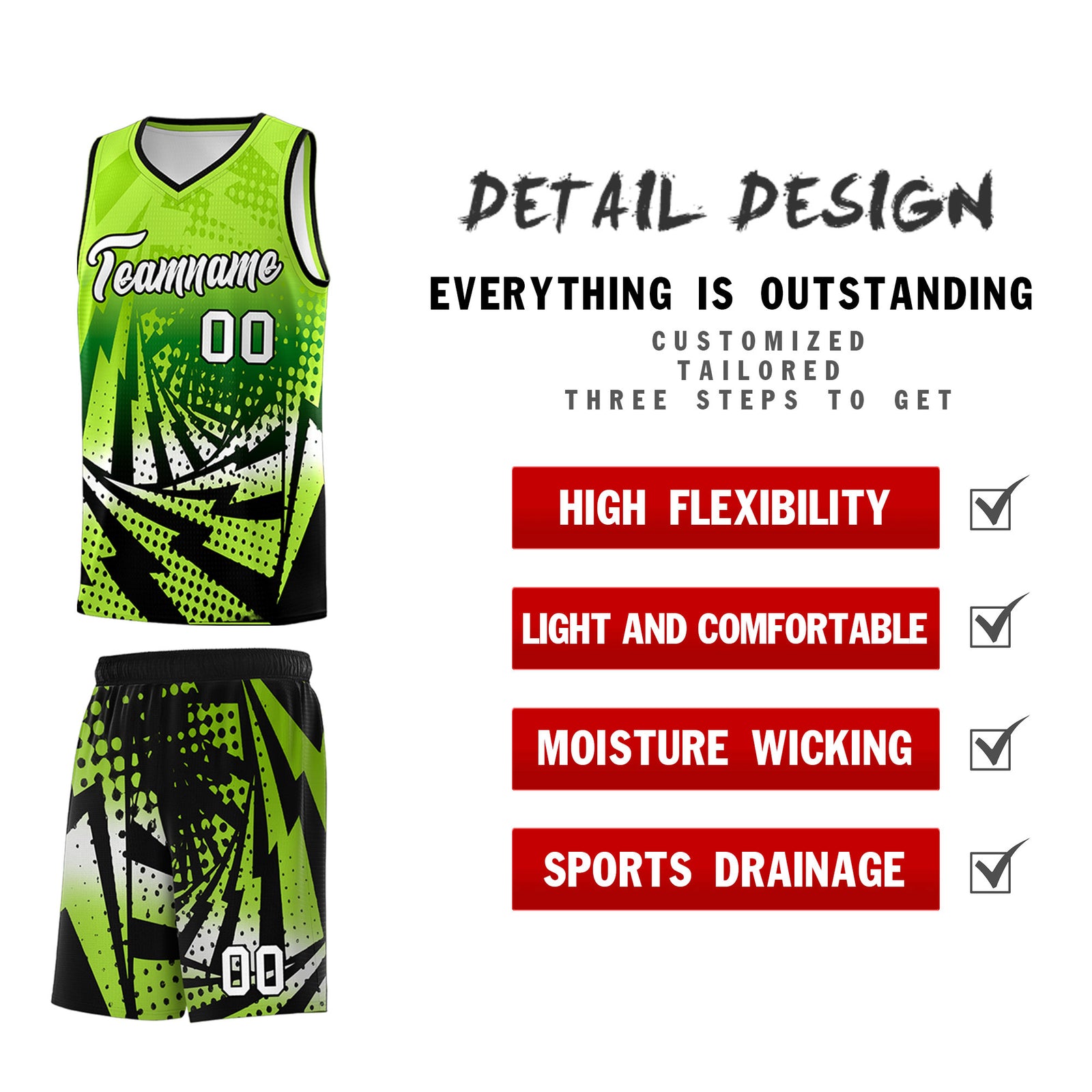 Custom Youth Basketball Jerseys Neon Green Black Lightning Halftone Personalized Team Uniforms