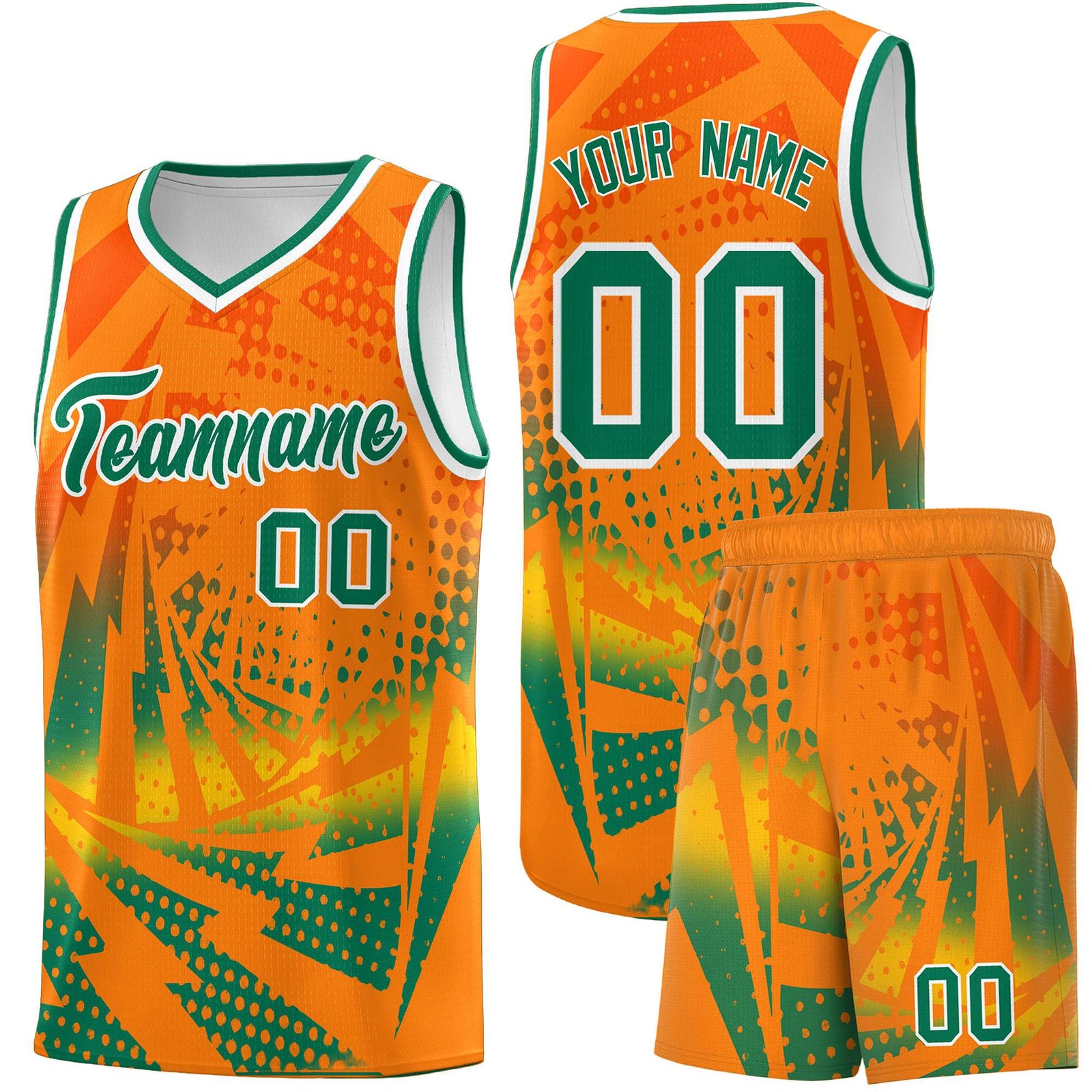 Custom Youth Basketball Jerseys Orange Kelly Green Lightning Design Halftone Personalized Uniforms