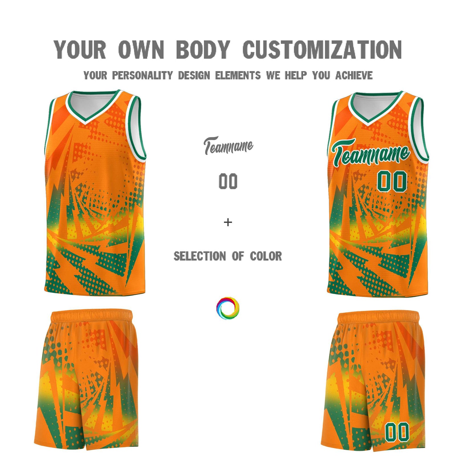 Custom Youth Basketball Jerseys Orange Kelly Green Lightning Design Halftone Personalized Uniforms