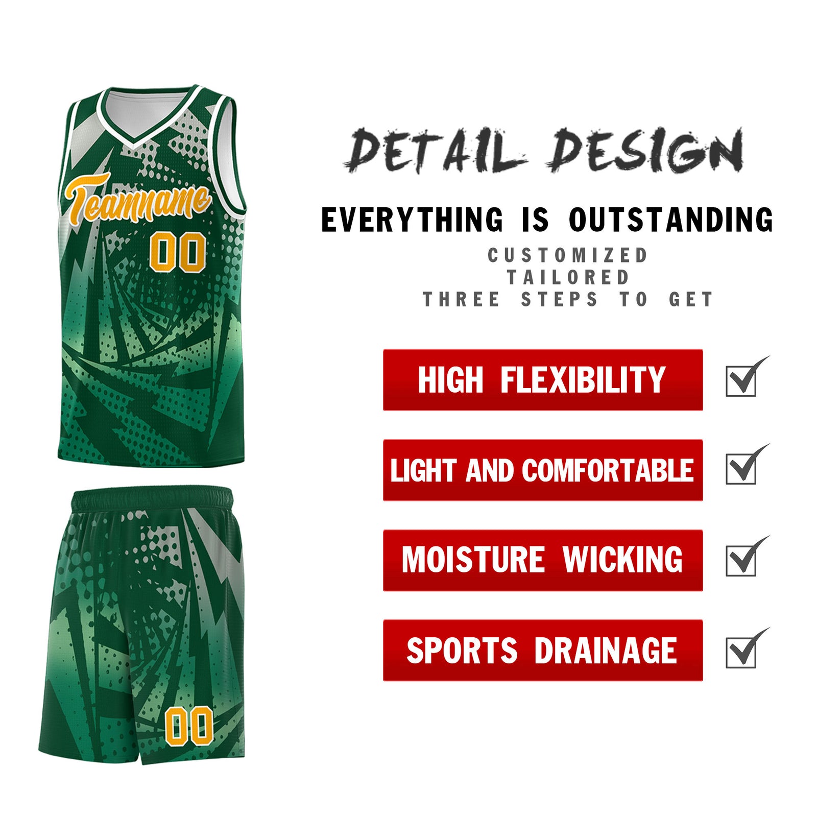 Custom Youth Basketball Jerseys Green Kelly Green Lightning Design Halftone Personalized Uniforms