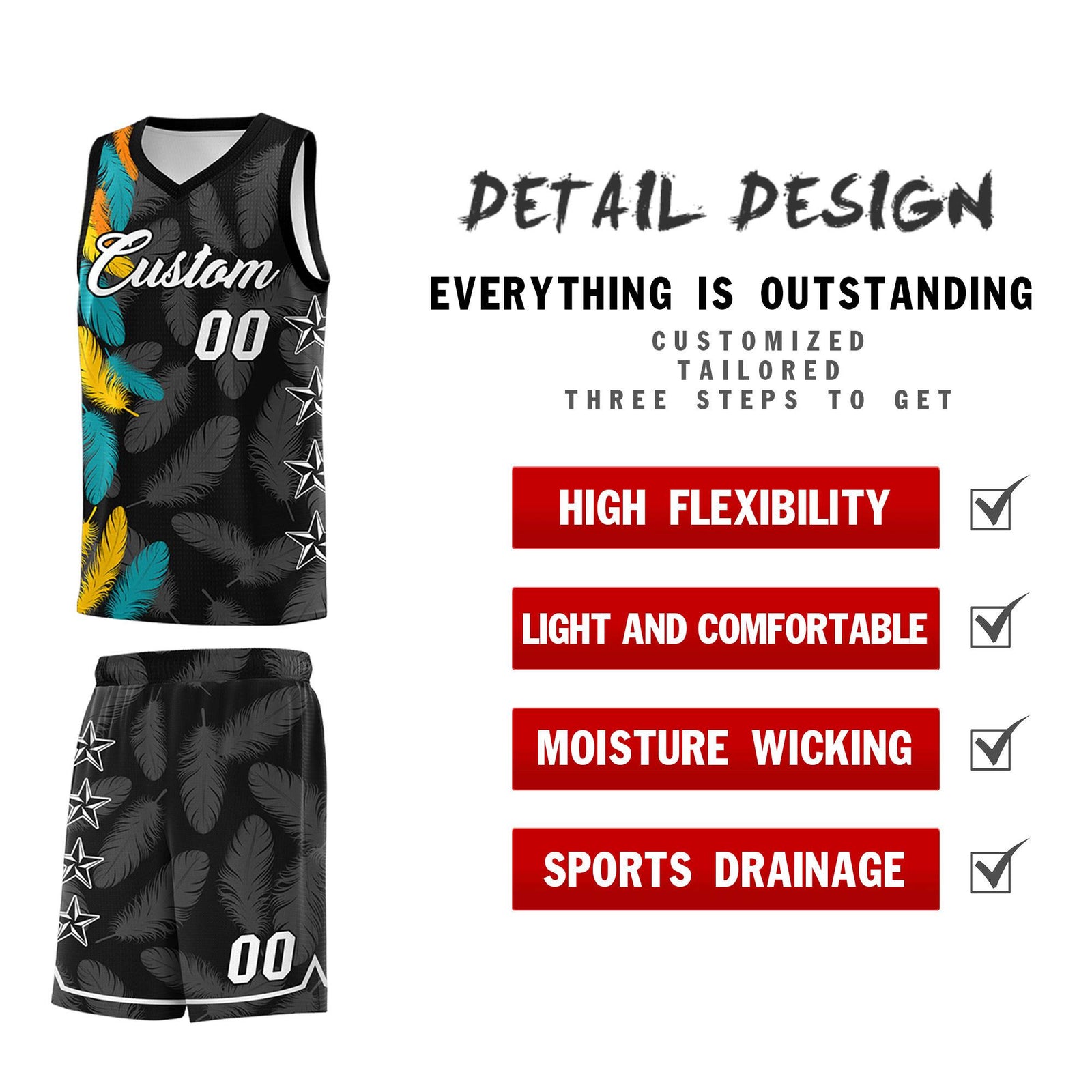 Custom Youth Basketball Jersey Black White Feather Series Sports Uniform