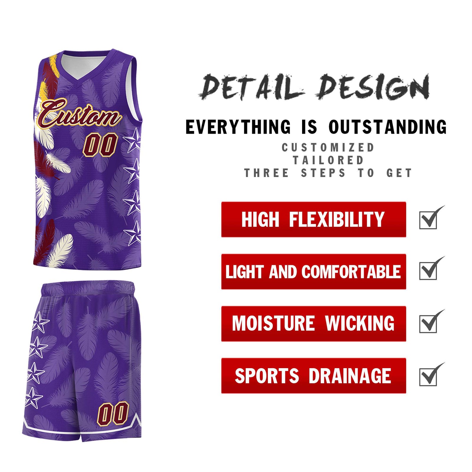 Custom Youth Basketball Jersey Purple Crimson Feather Series Sports Uniform