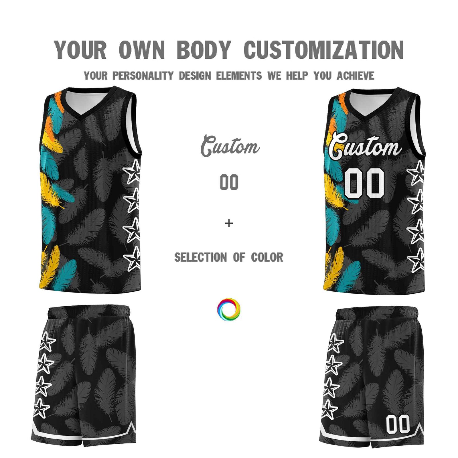 Custom Youth Basketball Jersey Black White Feather Series Sports Uniform