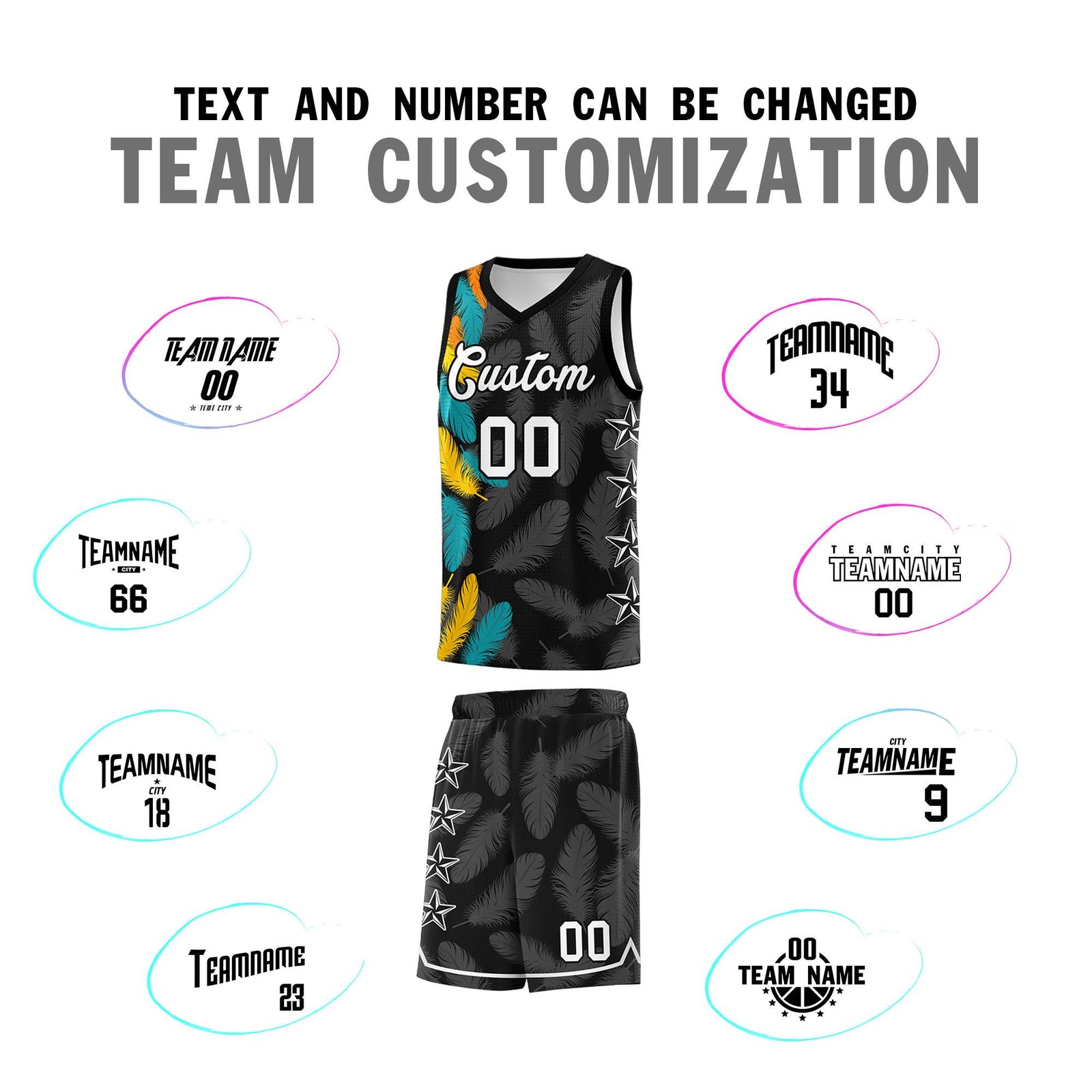 Custom Youth Basketball Jersey Black White Feather Series Sports Uniform