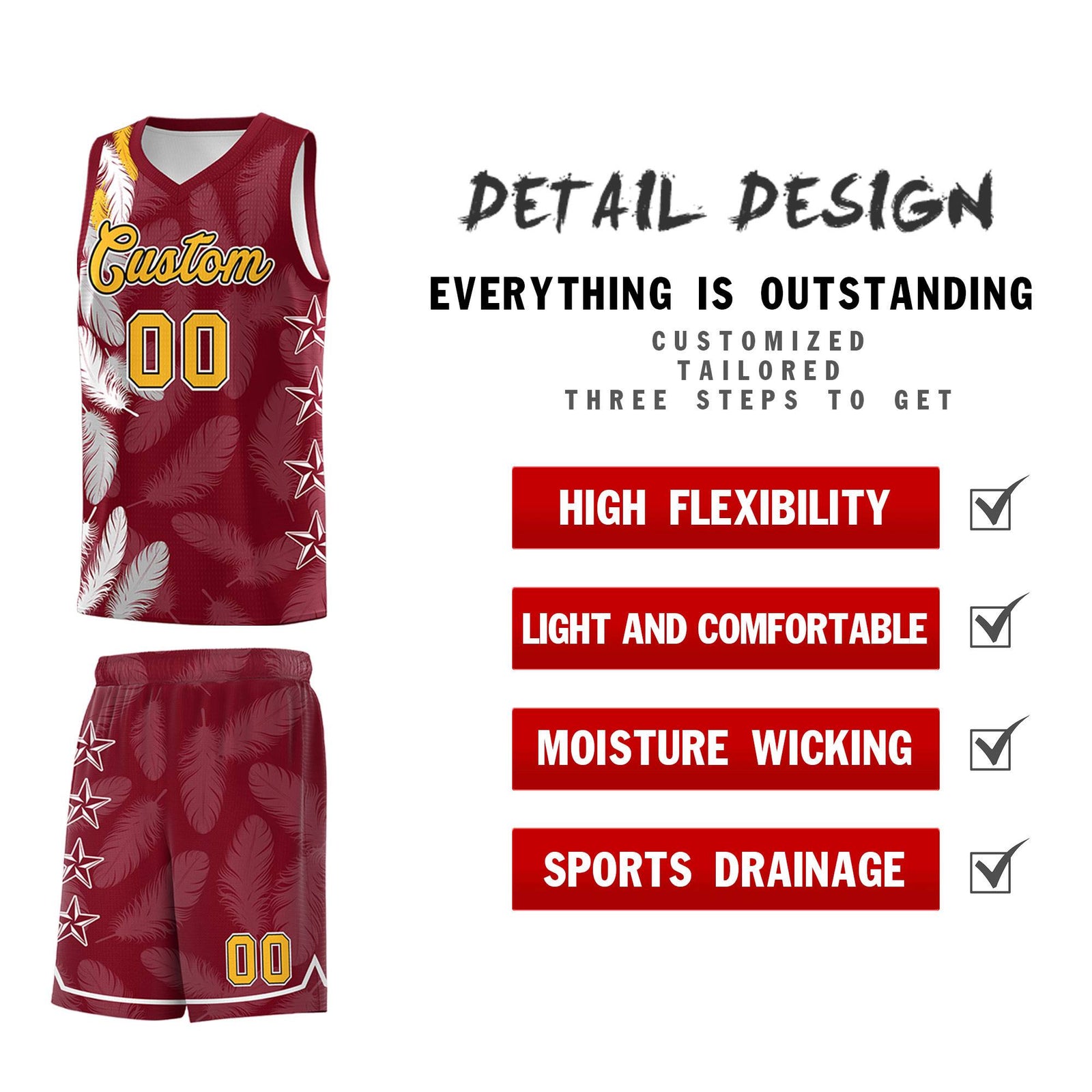 Custom Youth Basketball Jersey Crimson Gold Feather Series Sports Uniform