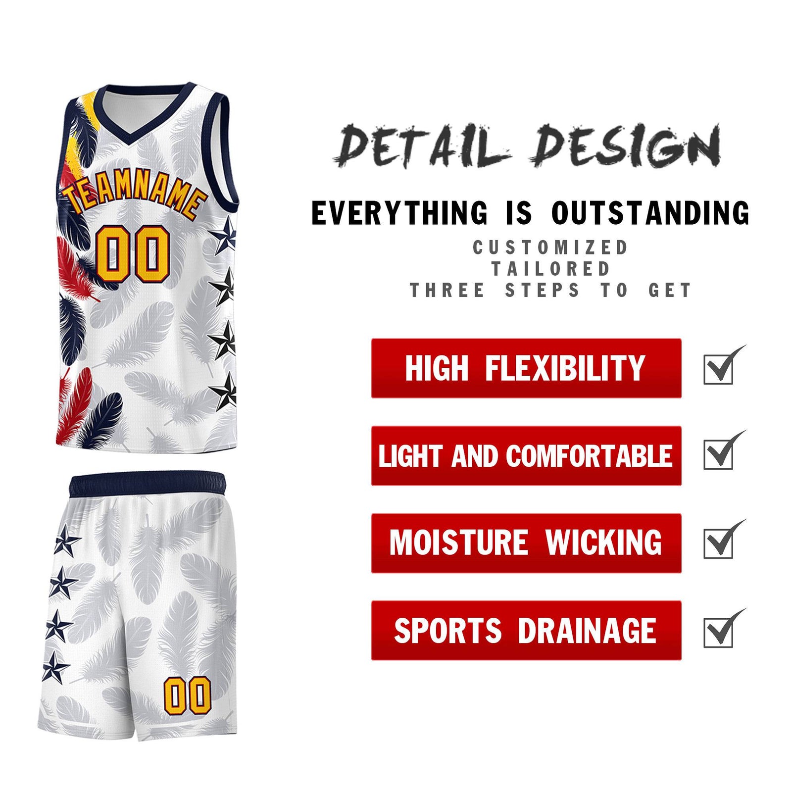 Custom Youth Basketball Jersey White Gold Feather Series Sports Uniform