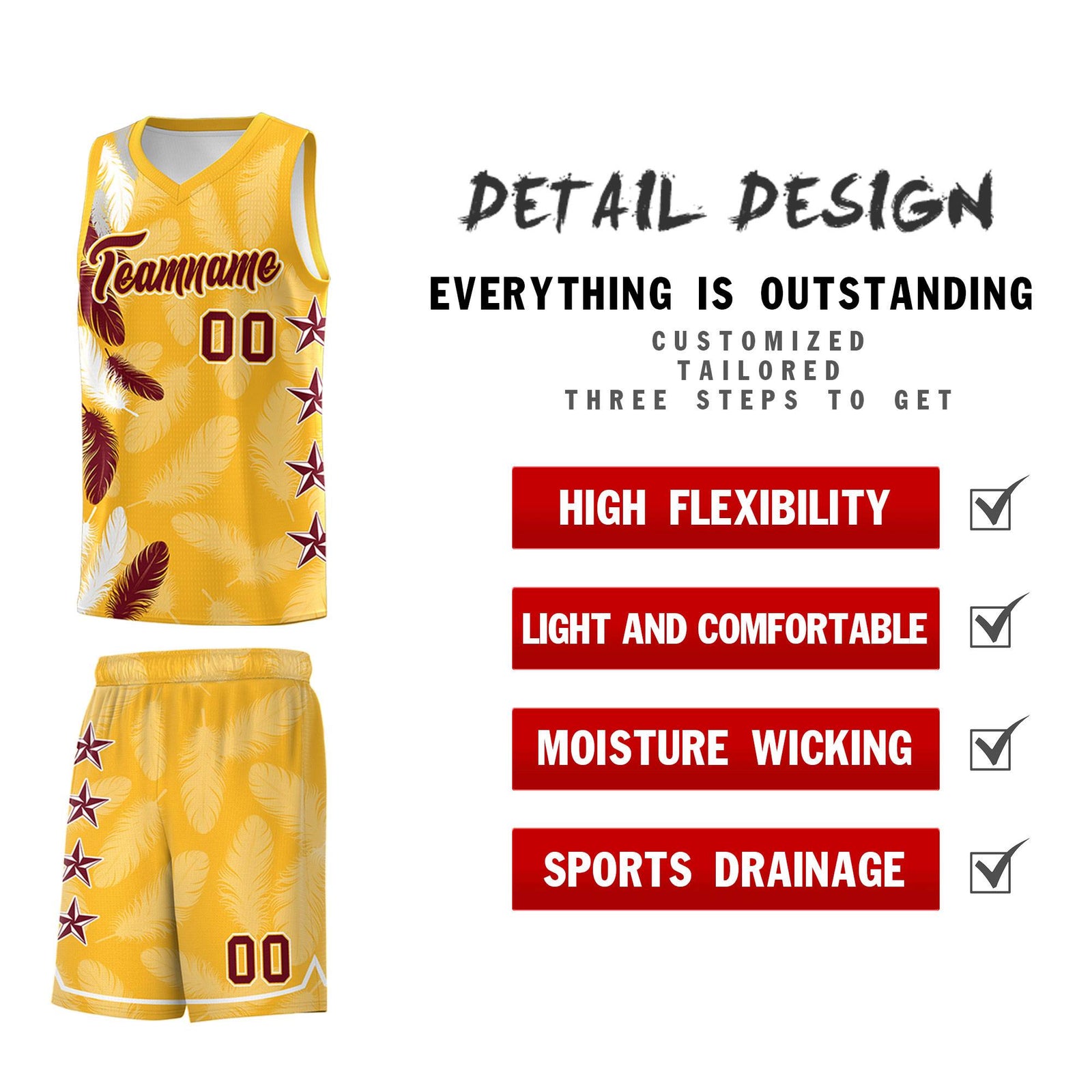 Custom Youth Basketball Jersey Gold Crimson Feather Series Sports Uniform