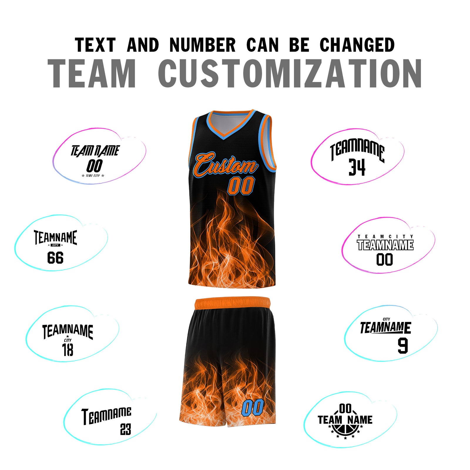 Custom Youth Basketball Jersey Black Orange Flame Design Personalized Team Uniform Set