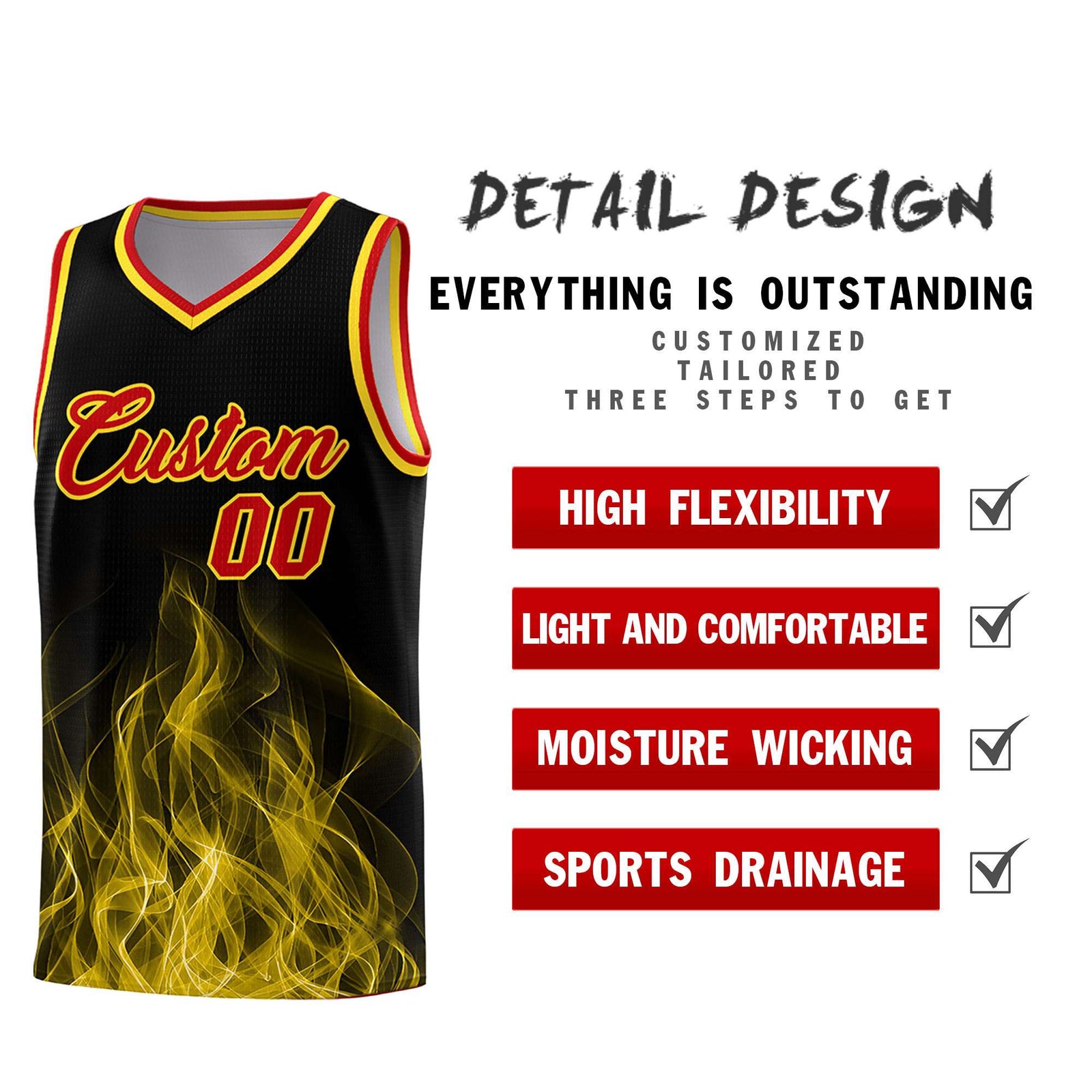 Custom Youth Basketball Jersey Black Gold Flame Design Unique Team Uniform Set