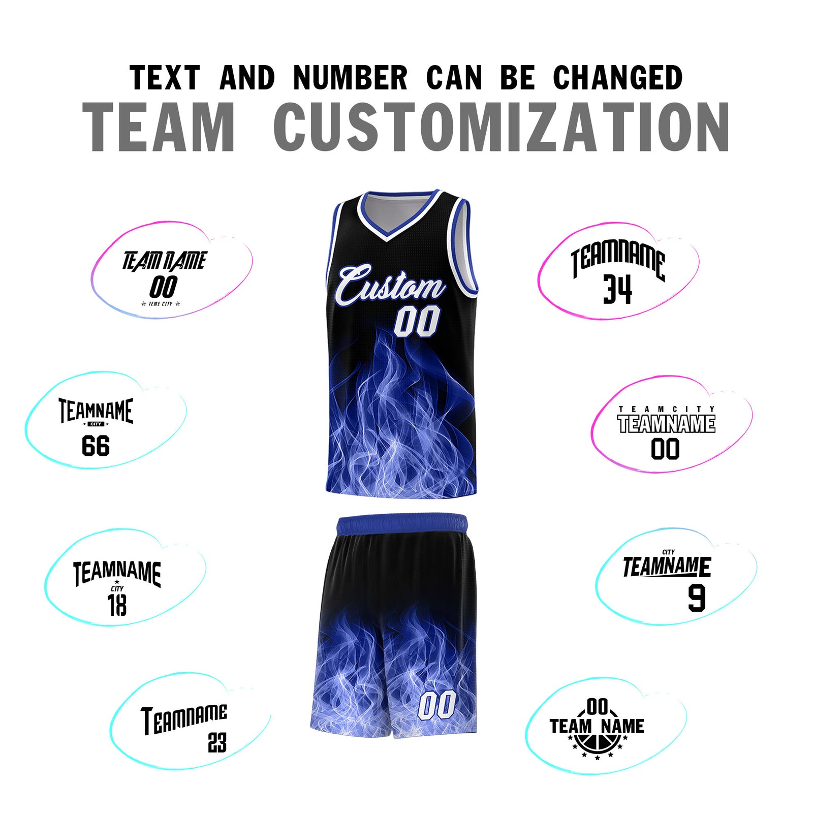 Custom Youth Basketball Jersey Black Royal Flame Design Personalized Team Uniform Set