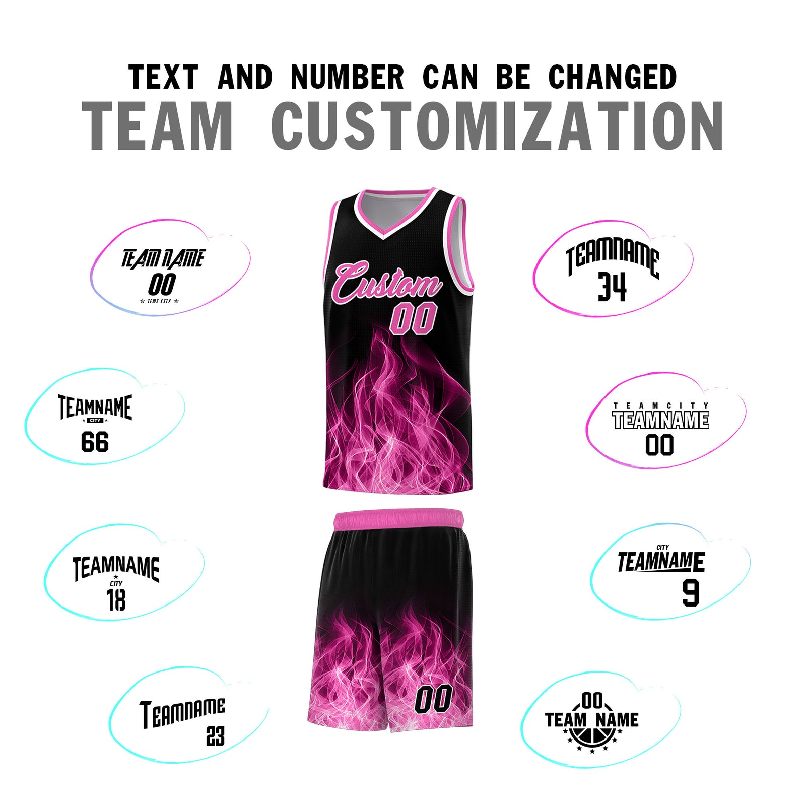 Custom Youth Basketball Jersey Black Pink Flame Fire Design Personalized Team Uniform Set