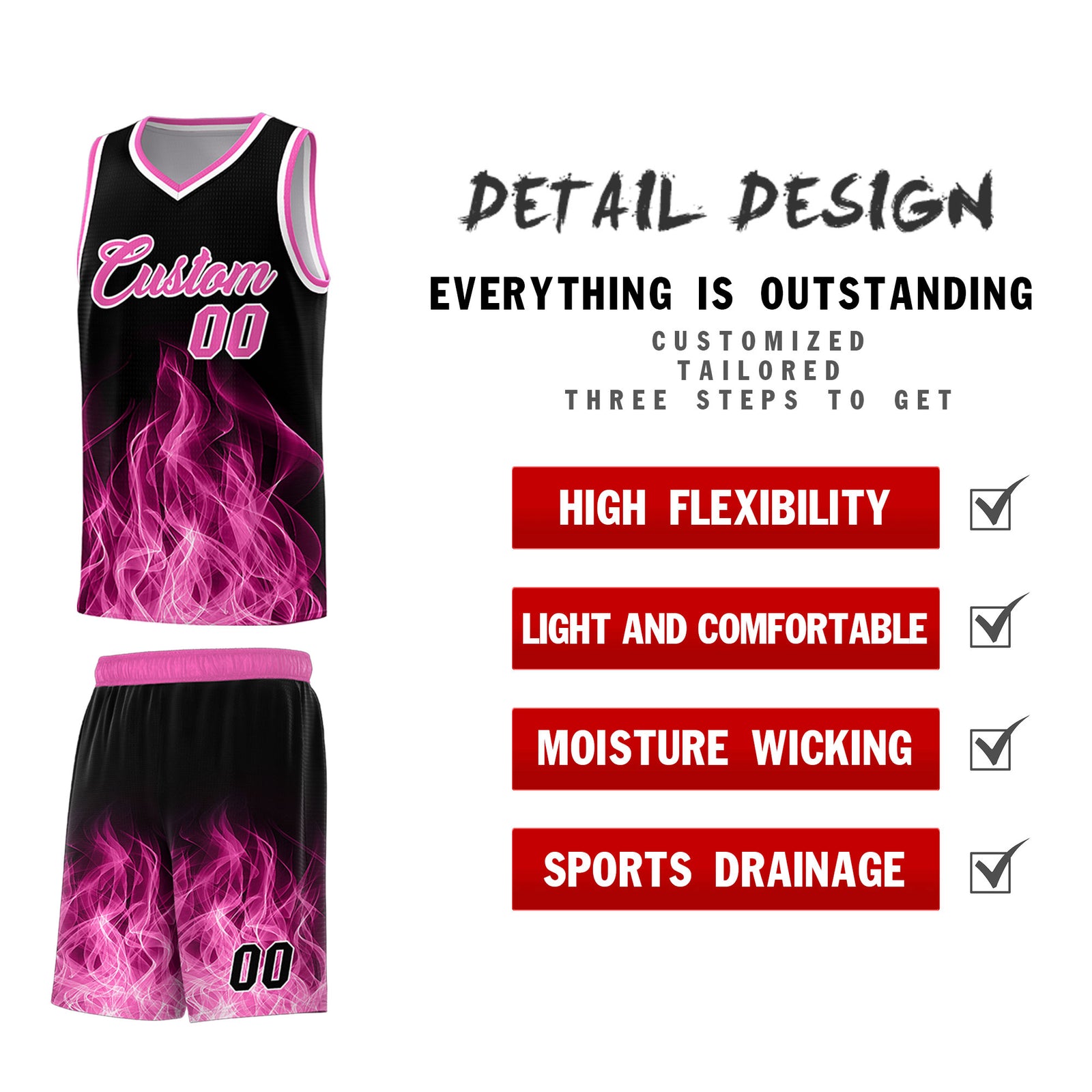 Custom Youth Basketball Jersey Black Pink Flame Fire Design Personalized Team Uniform Set