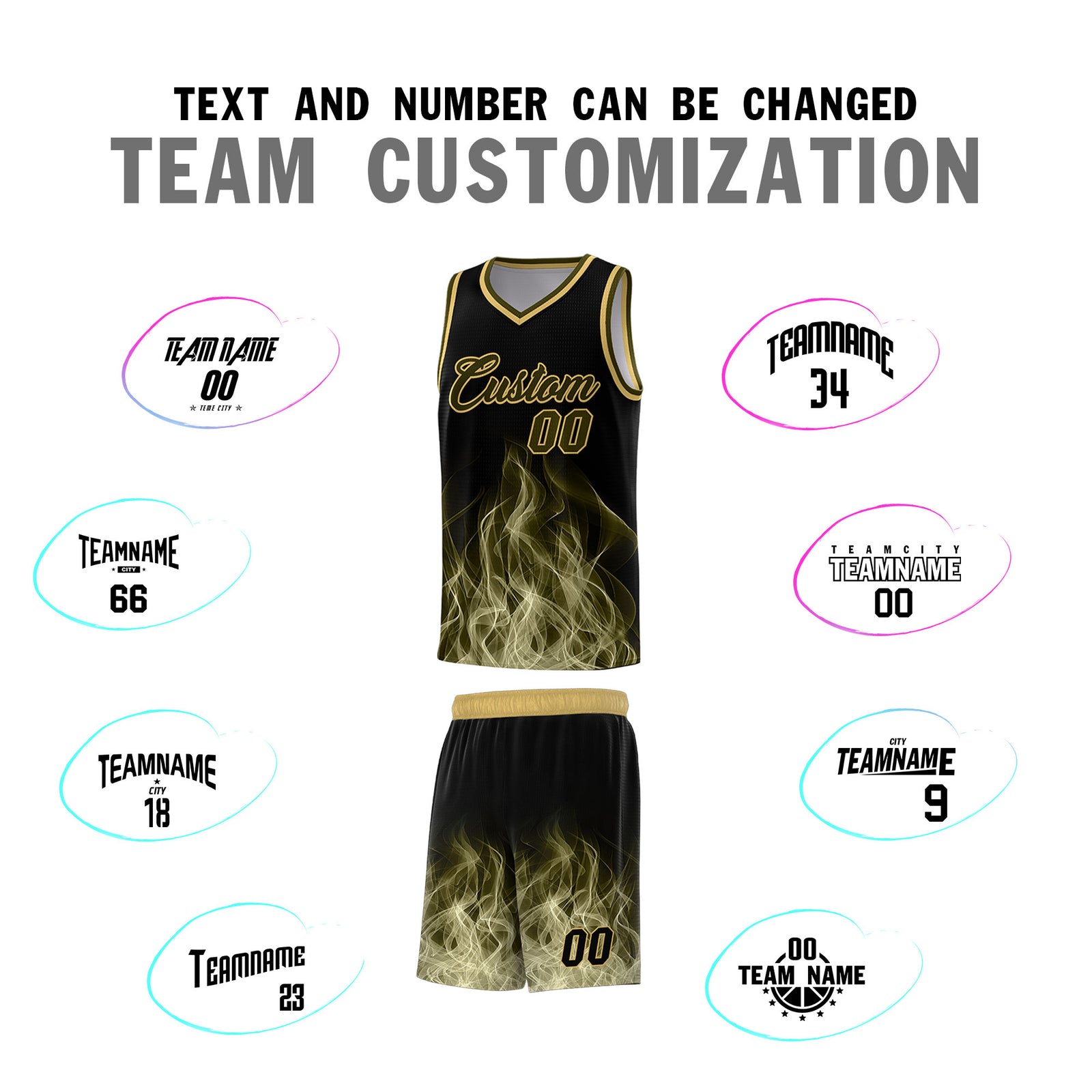 Custom Youth Basketball Jersey Black Khaki Flame Design Personalized Team Uniform Set