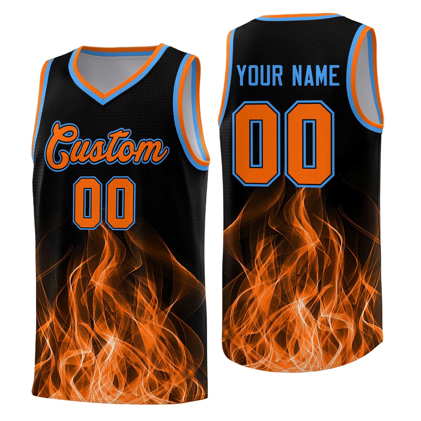 Custom Youth Basketball Jersey Black Orange Flame Design Personalized Team Uniform Set