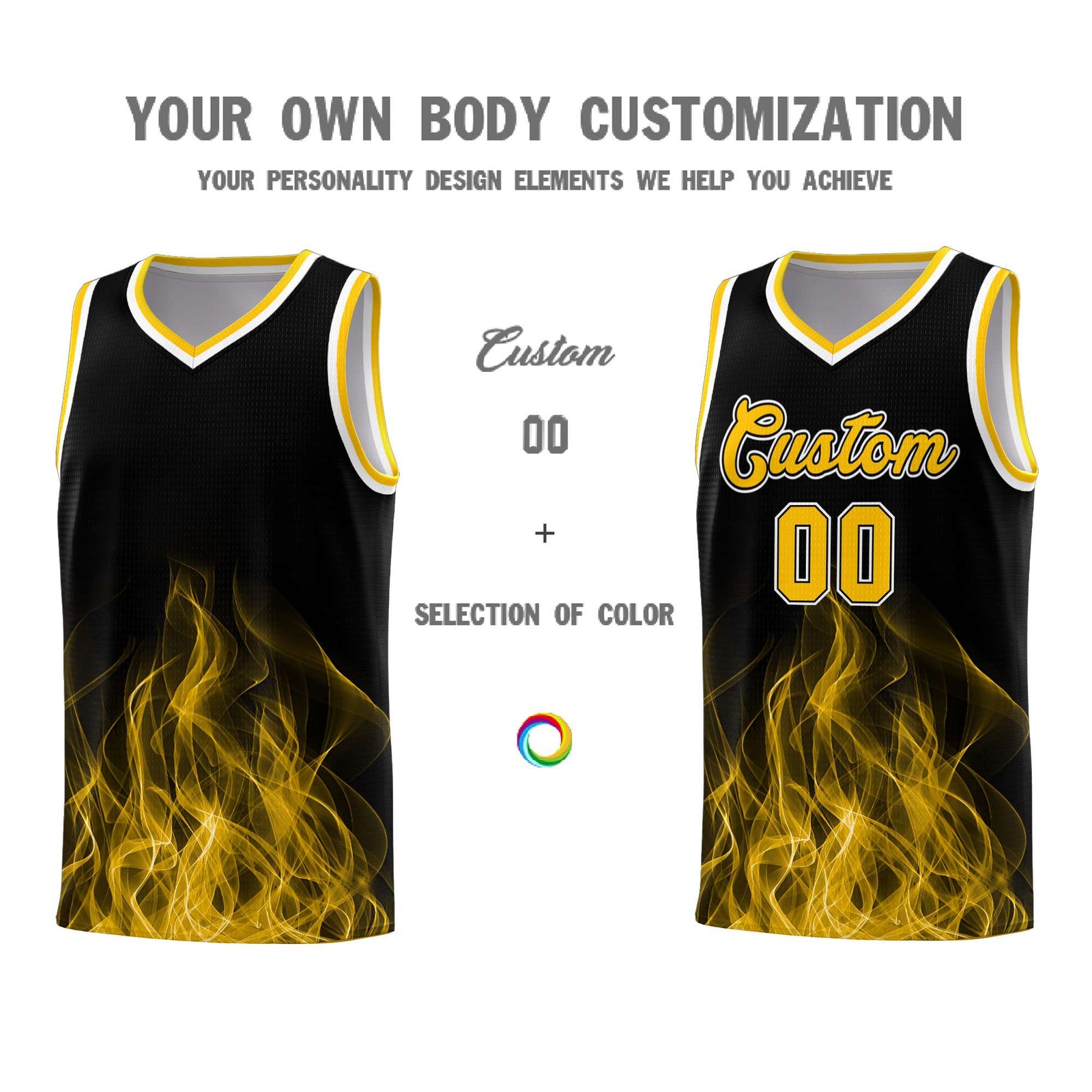 Custom Youth Basketball Jersey Black Yellow Flame Fire Design Personalized Team Uniform Set
