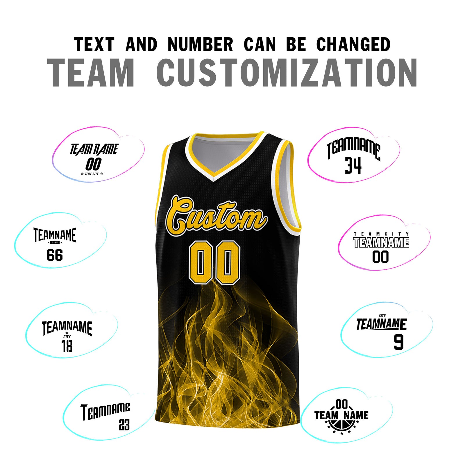 Custom Youth Basketball Jersey Black Yellow Flame Fire Design Personalized Team Uniform Set