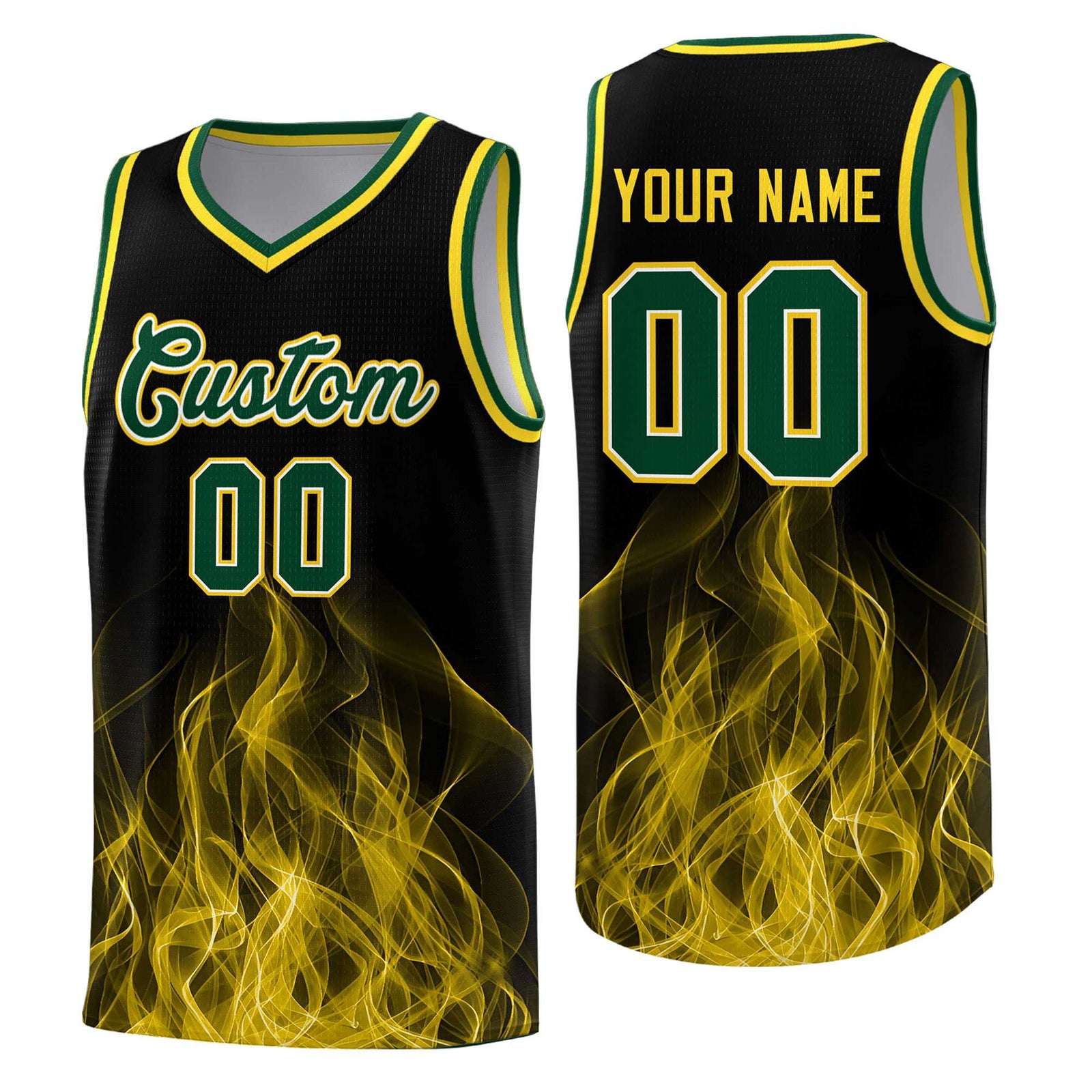 Custom Youth Basketball Jersey Black Gold Flame Design Personalized Team Uniform Set