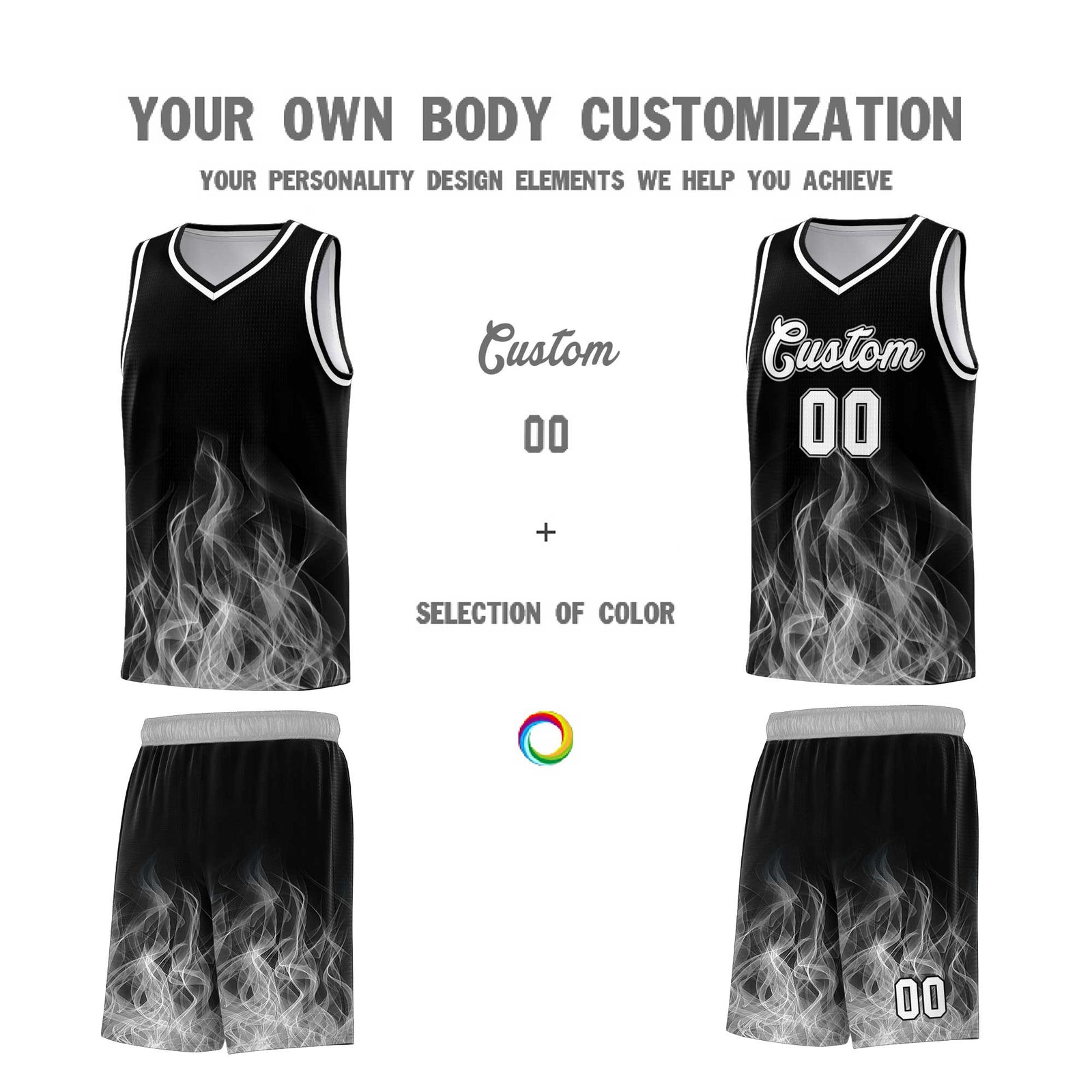 Custom Youth Basketball Jersey Black Gray Flame Fire Design Personalized Team Uniform Set