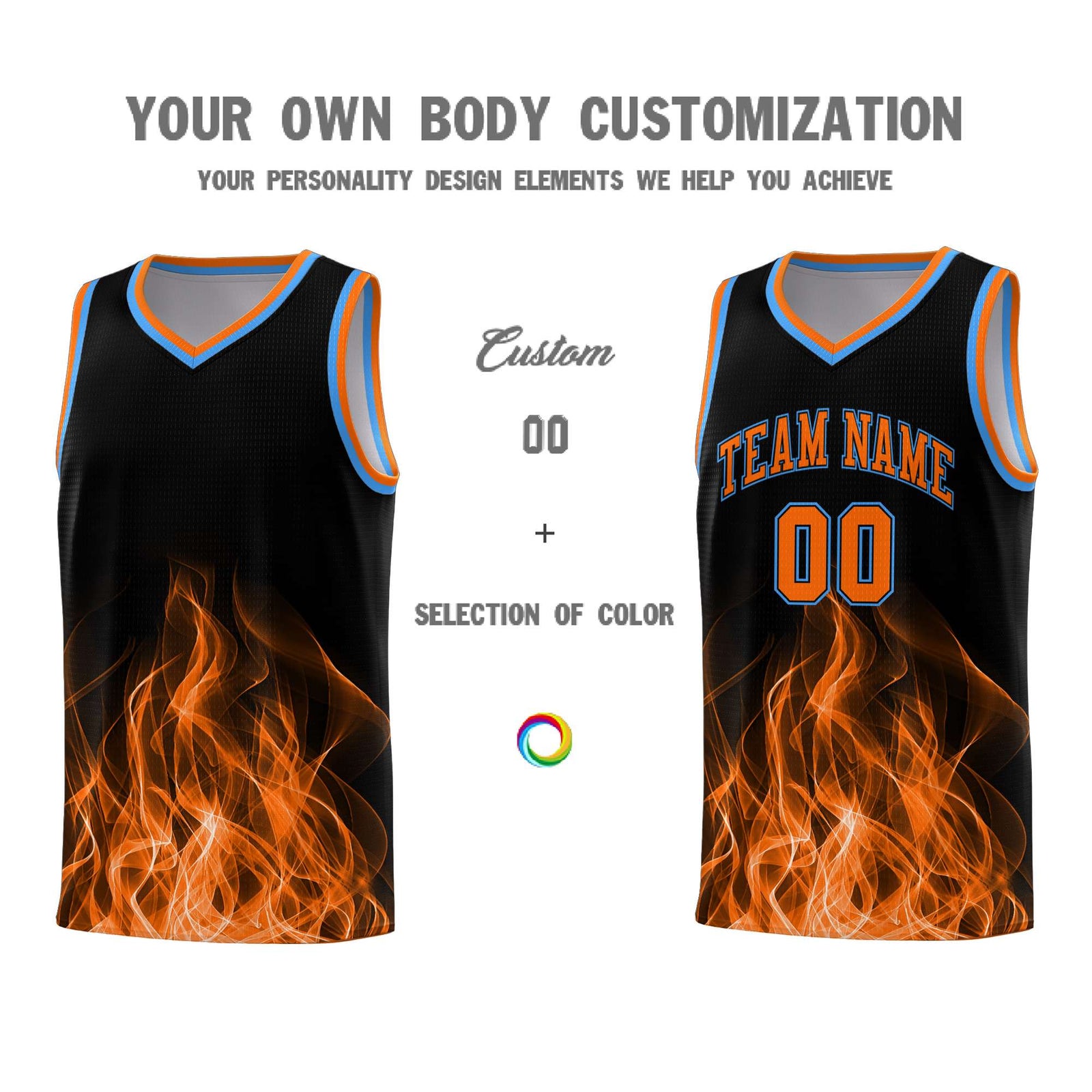 Custom Youth Basketball Jersey Black Orange Flame Design Personalized Team Uniform Set