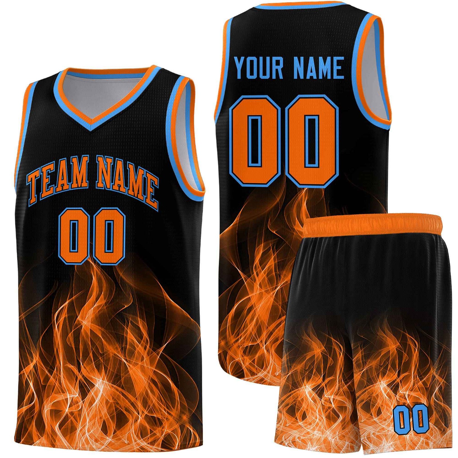 Custom Youth Basketball Jersey Black Orange Flame Design Personalized Team Uniform Set