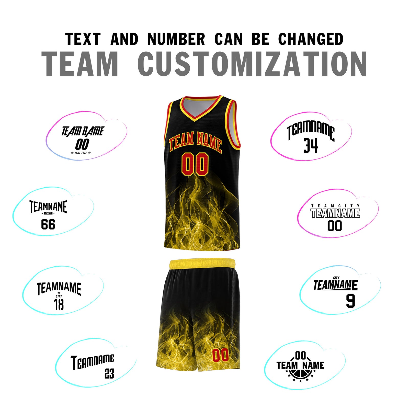 Custom Youth Basketball Jersey Black Gold Flame Design Unique Team Uniform Set