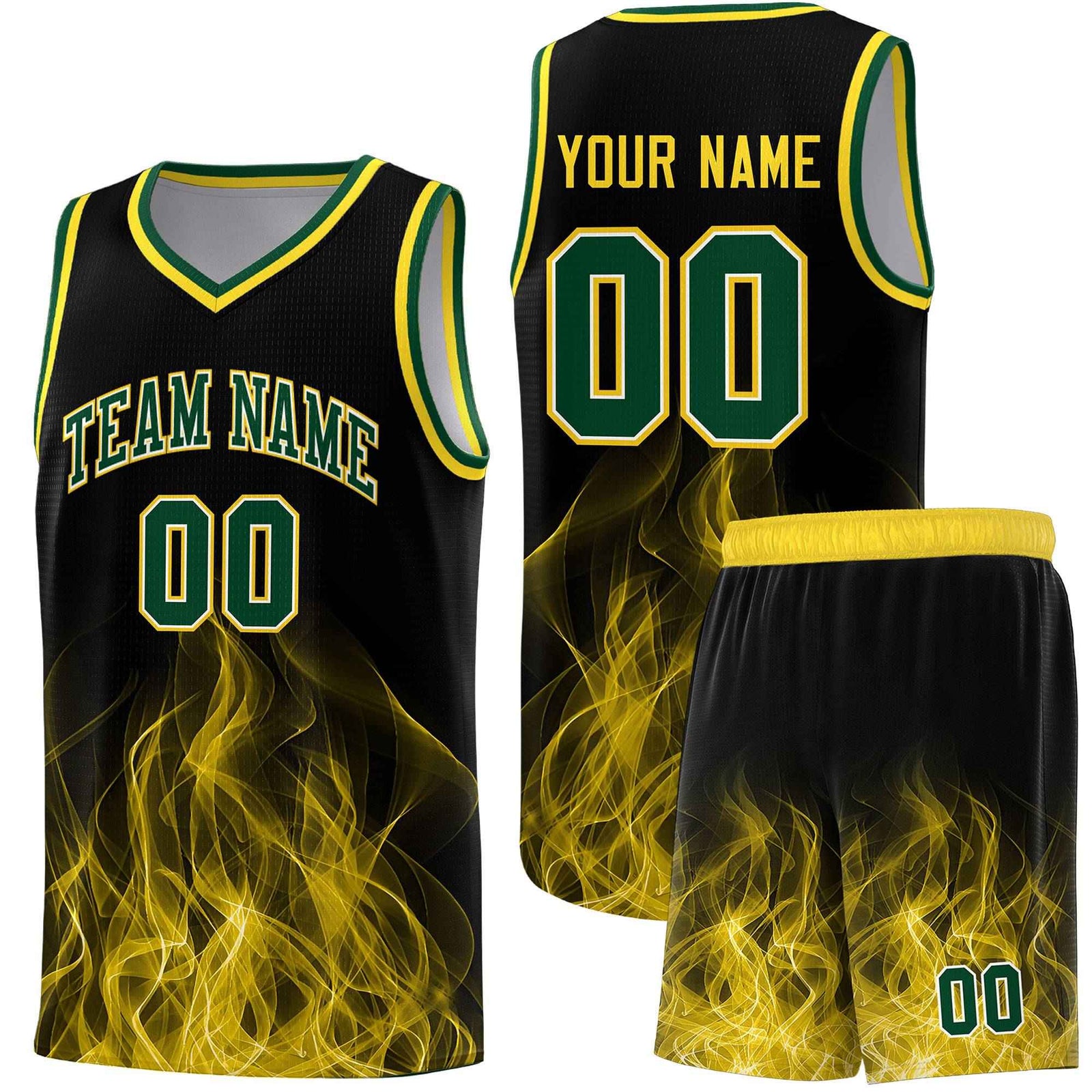 Custom Youth Basketball Jersey Black Gold Flame Design Personalized Team Uniform Set