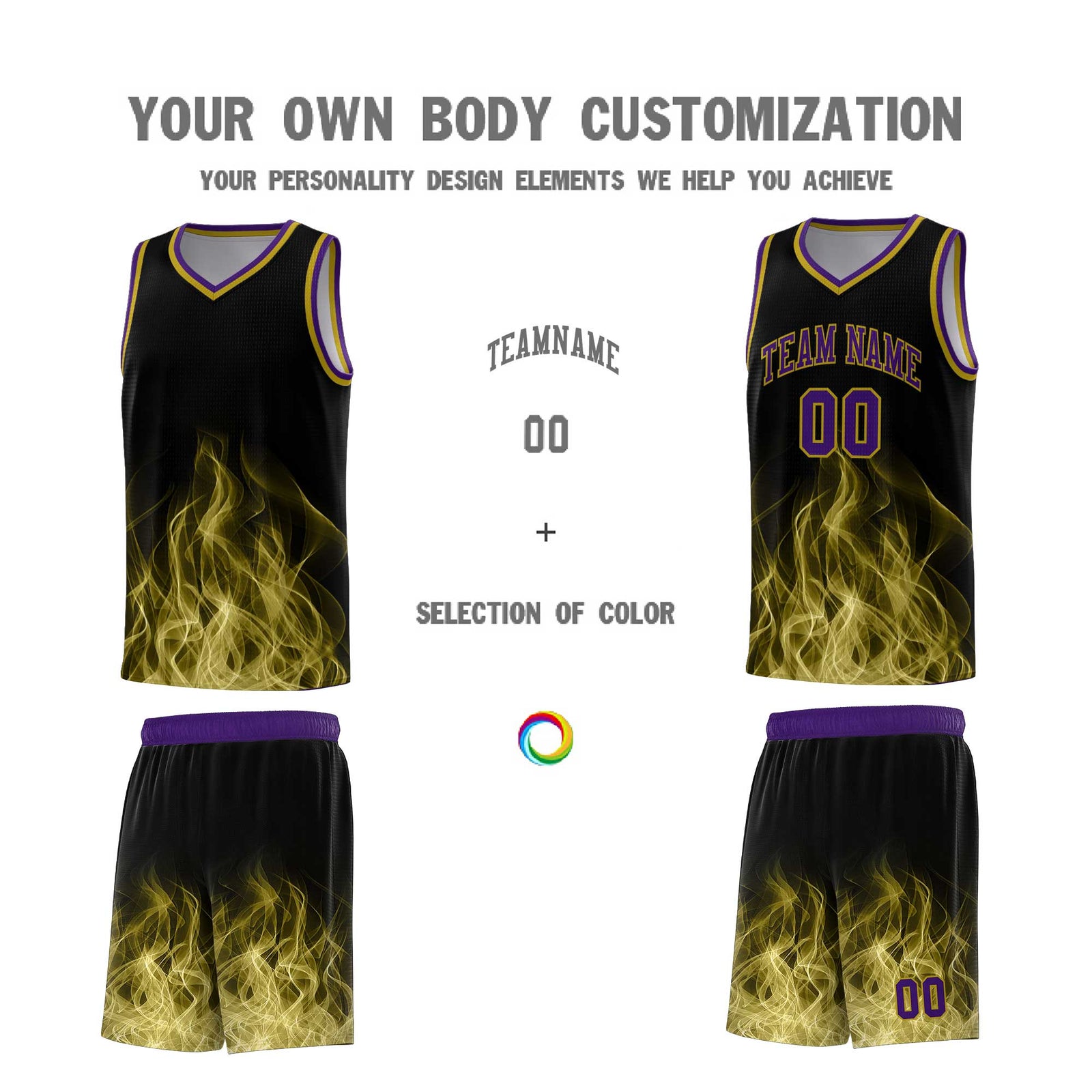 Custom Youth Basketball Jersey Black Purple Flame Design Unique Team Uniform Set