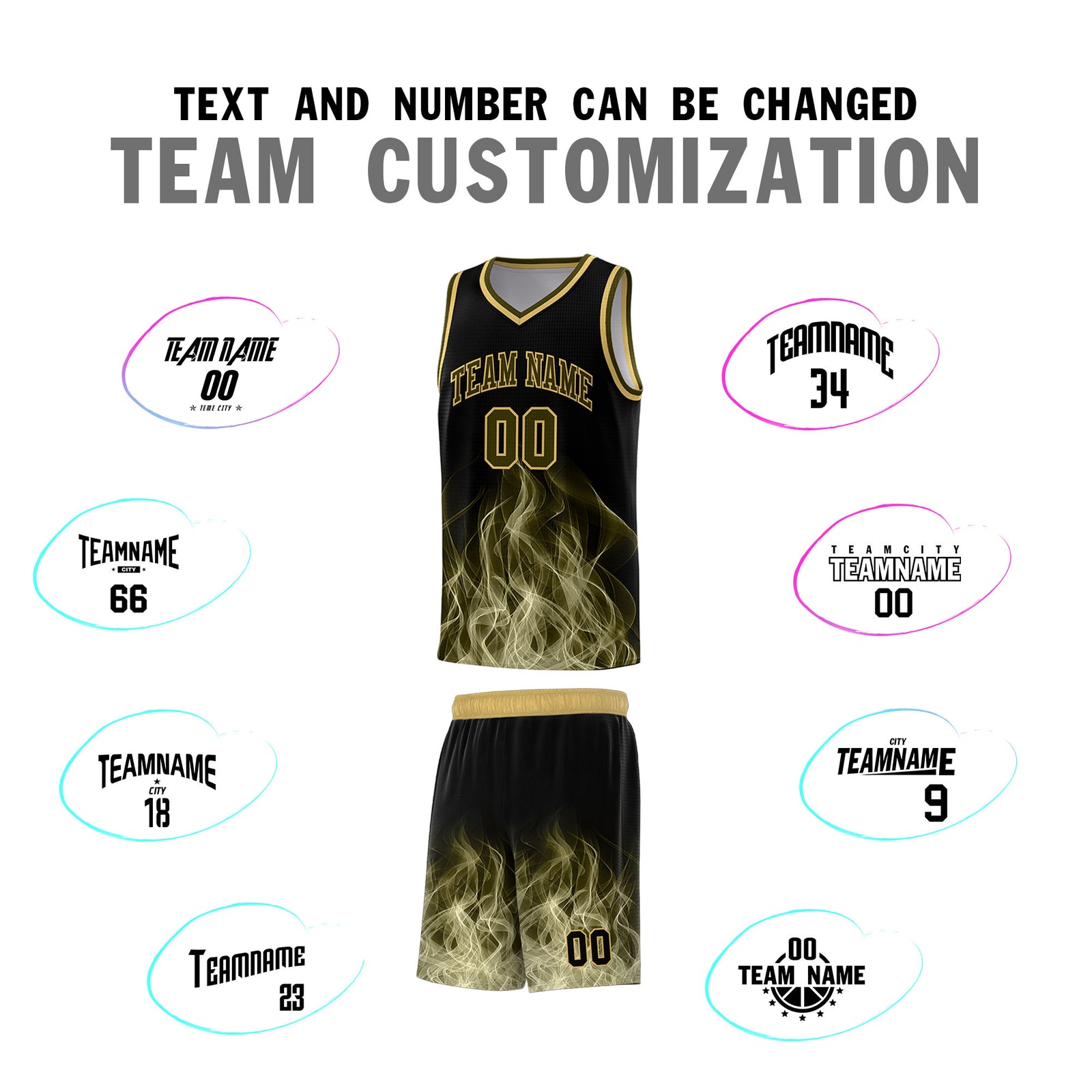 Custom Youth Basketball Jersey Black Khaki Flame Design Personalized Team Uniform Set