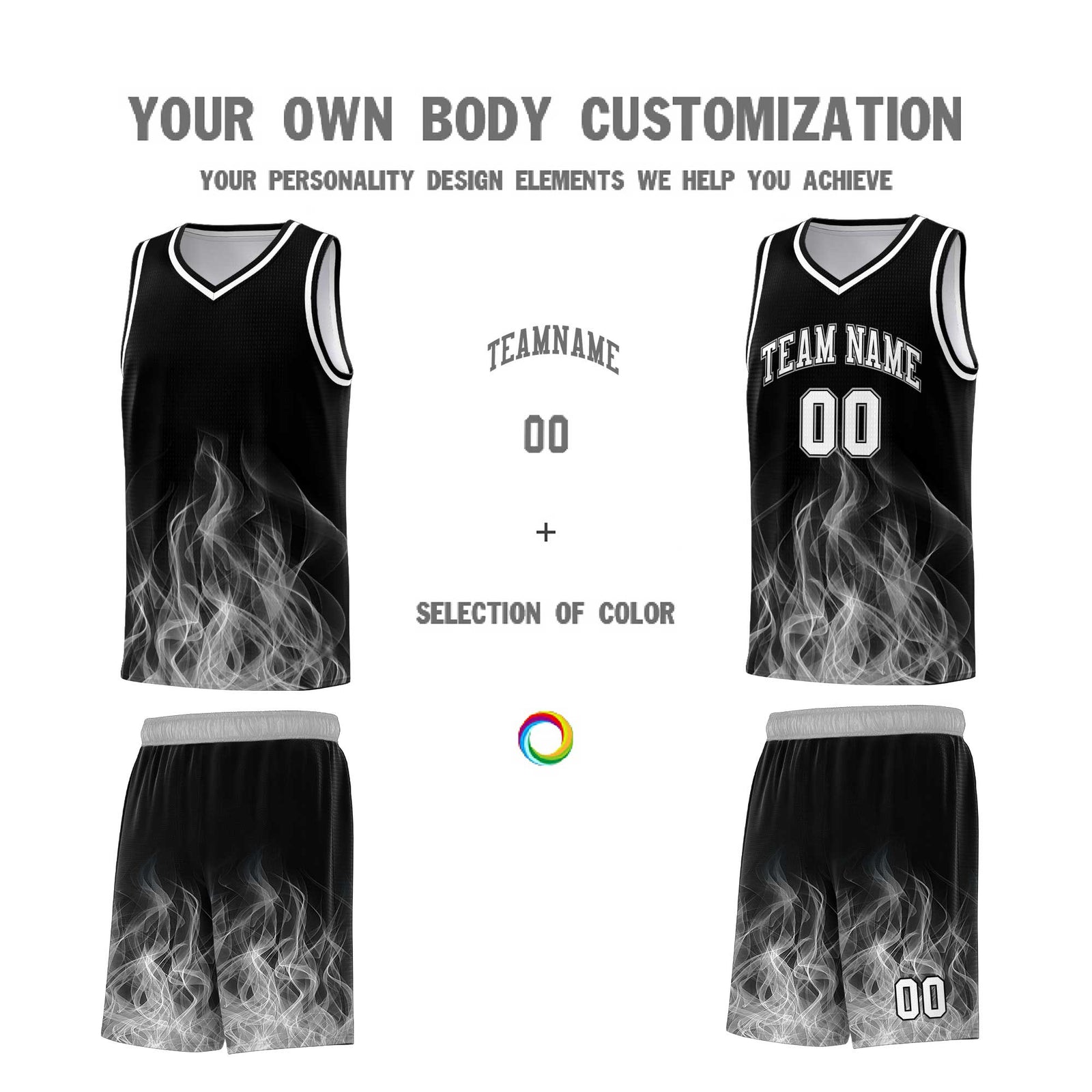 Custom Youth Basketball Jersey Black Gray Flame Fire Design Personalized Team Uniform Set