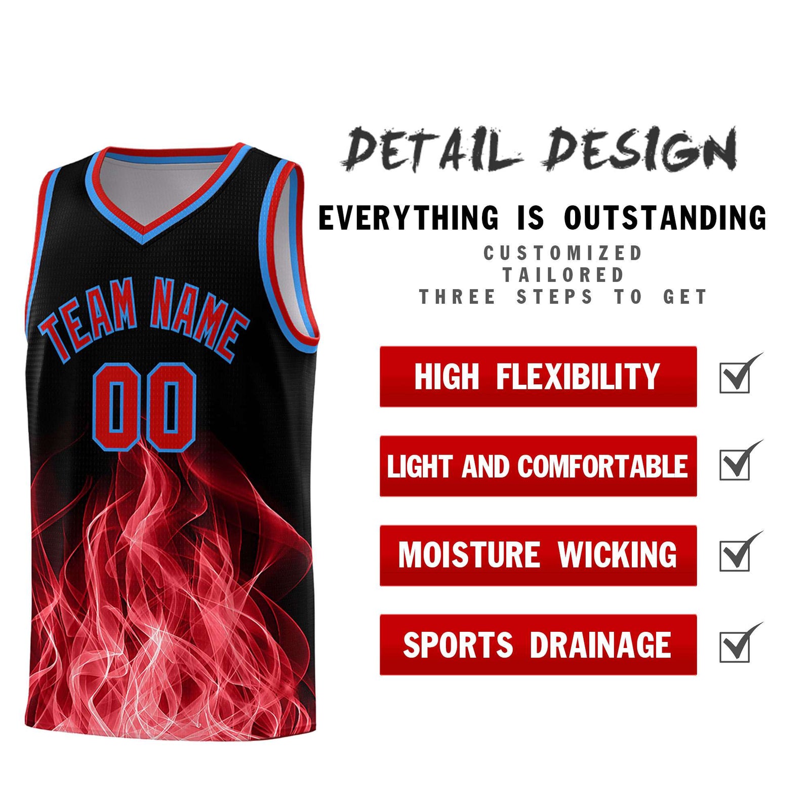 Custom Youth Basketball Jersey Black Red Flame Design Unique Team Uniform Set